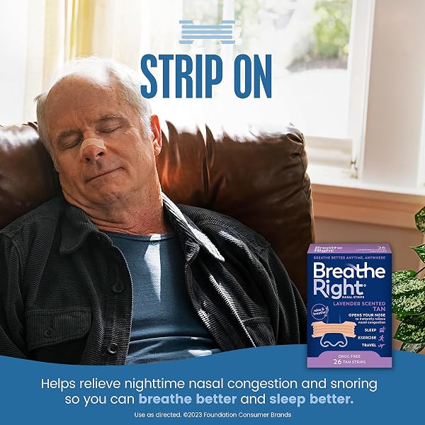 BREATHE RIGHT NASAL STRIPS LAVENDER SCENT EXTRA STRENGTH TAN NASAL STRIPS HELP STOP SNORING DRUG-FREE SNORING SOLUTION & NASAL CONGESTION RELIEF CAUSED BY COLDS & ALLERGIES 26CT (PACKAGING MAY VARY)