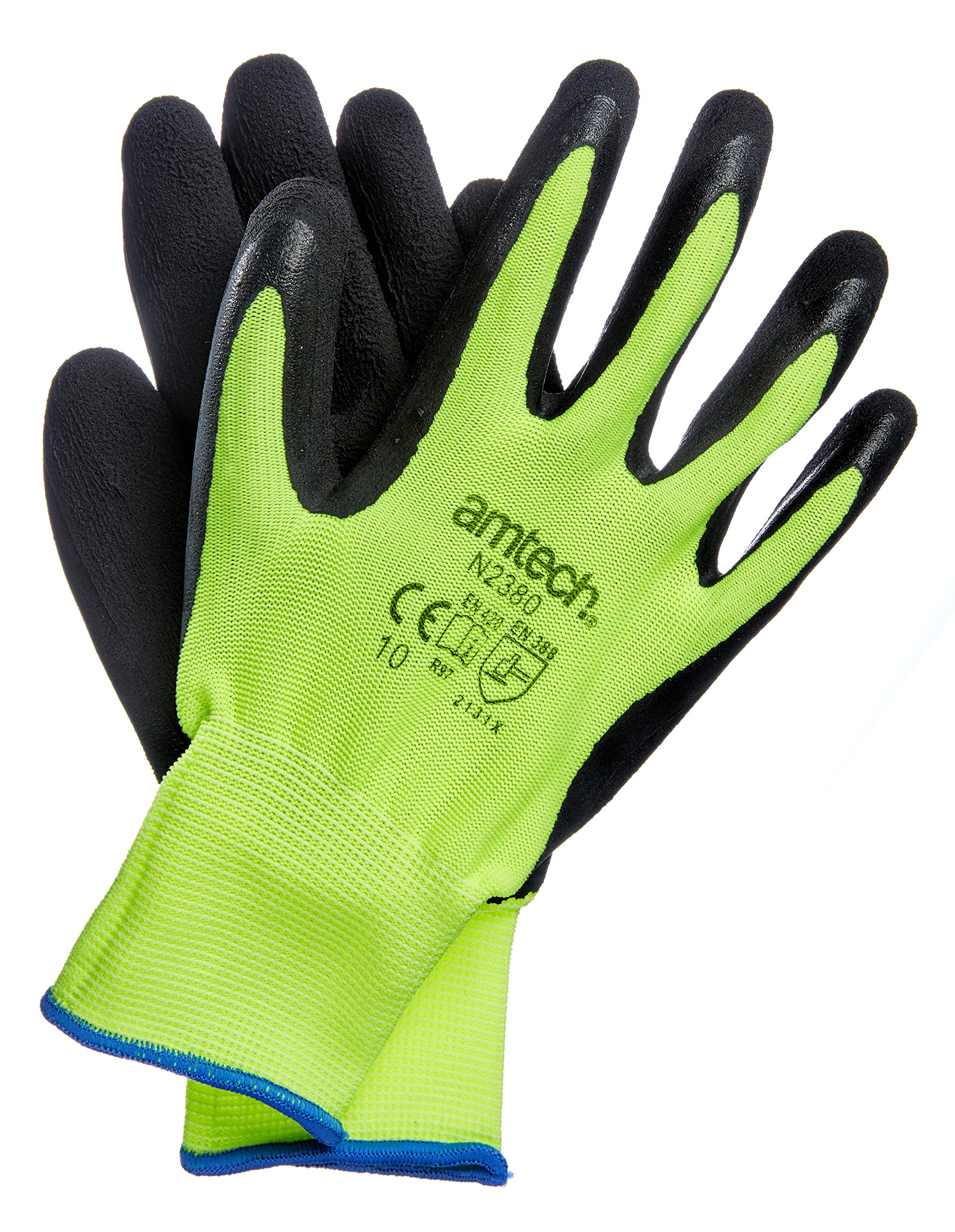 Amtech N2380 XL (Size 10), Certified Quality Rubber Coated Hi Vis Work Gloves, Black/Yellow