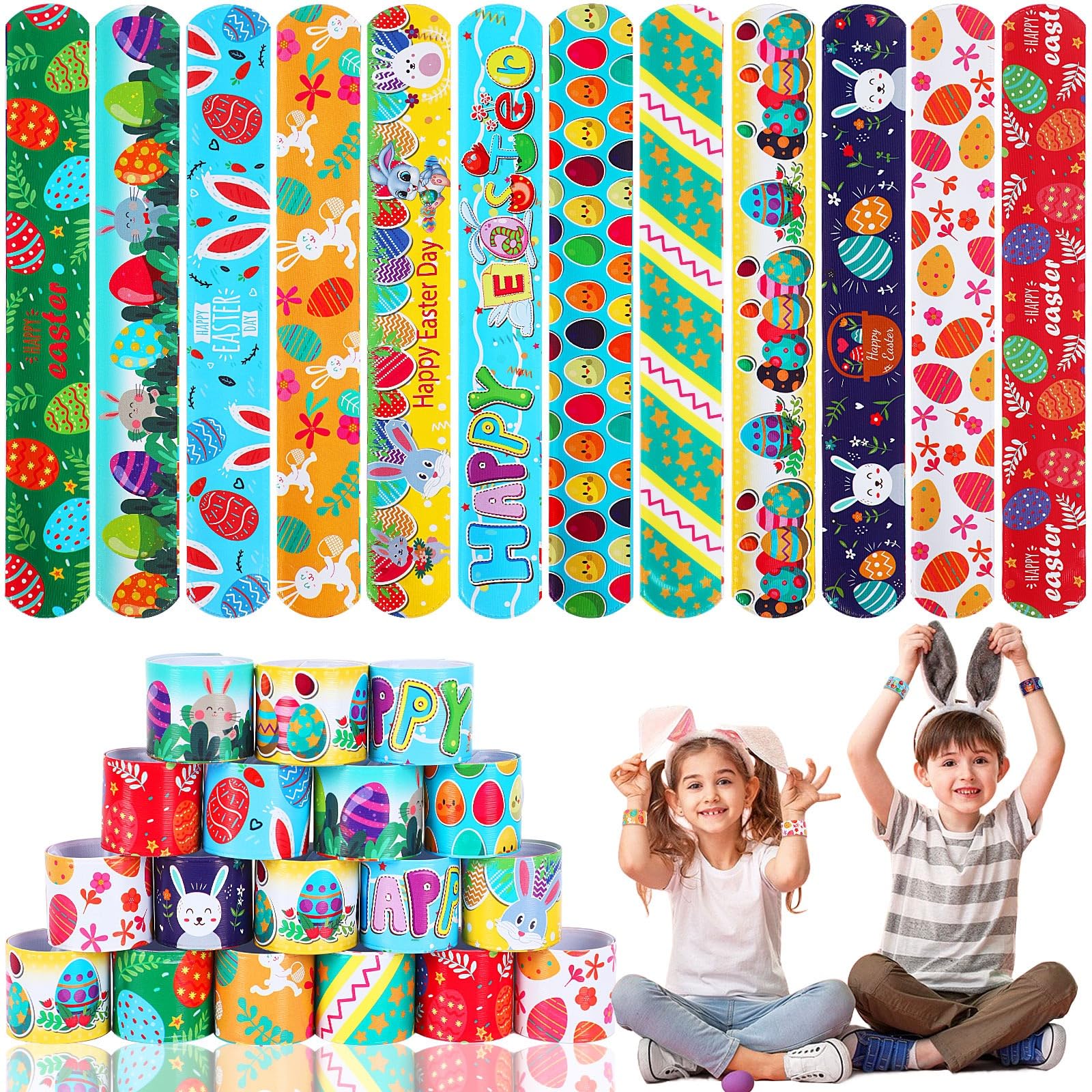 JUNEBRUSHS 40 PCS Easter Slap Bracelets, Bunny Eggs Chick Snap Bands Wristband for Easter Basket Stuffers Egg Fillers Gifts Party Favors