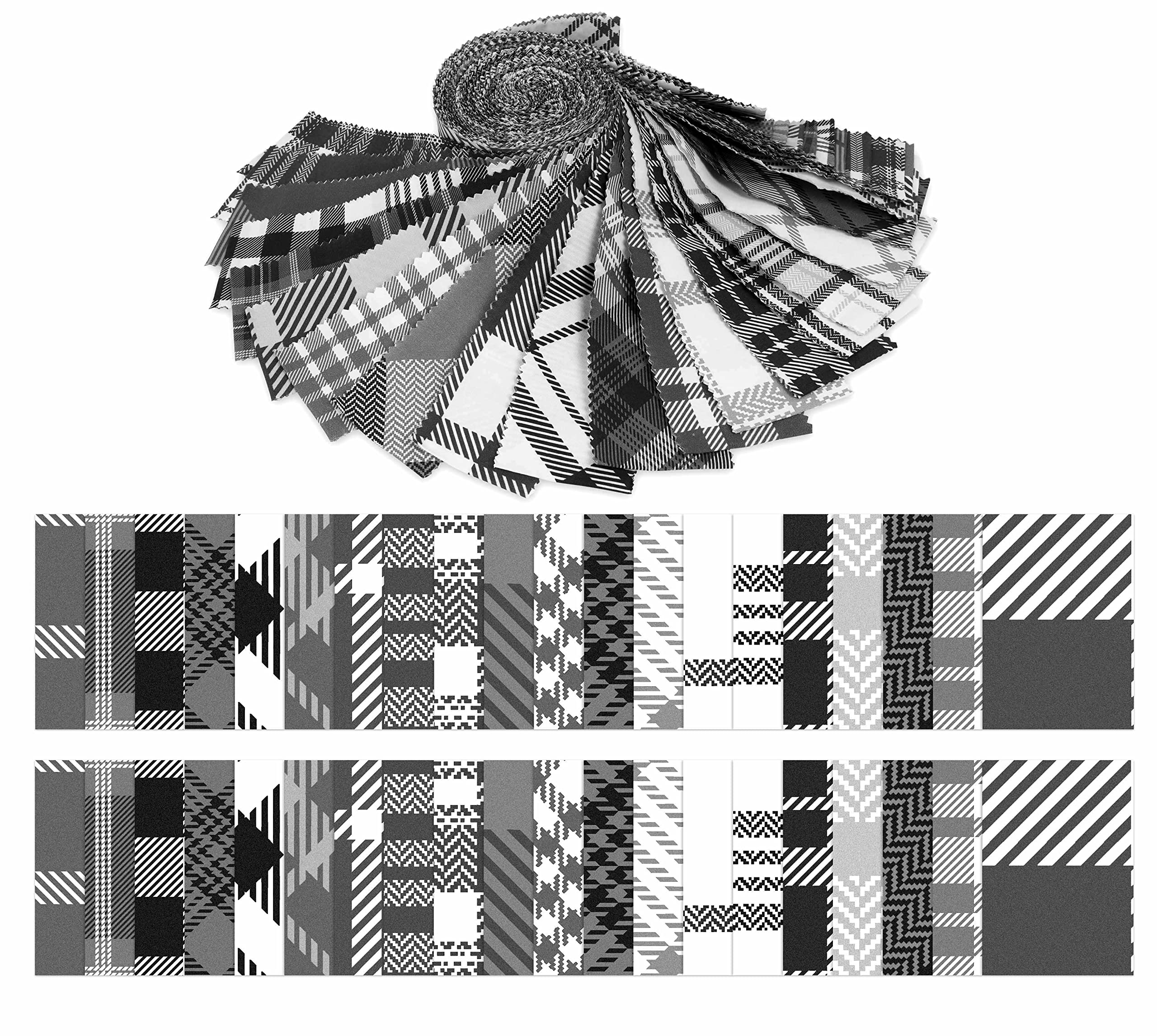 Soimoi 40Pcs Check & Tartan Print Cotton Precut Fabrics for Quilting Craft Strips 2.5x42inches Jelly Roll - White & Black
