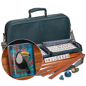 Yellow Mountain Imports American Mahjong Set with 166 Tiles Adorned with Toucan Motif, Leatherette Case, Racks with Pushers, Betting Coins, Dice, and Wind Indicator, Toucan