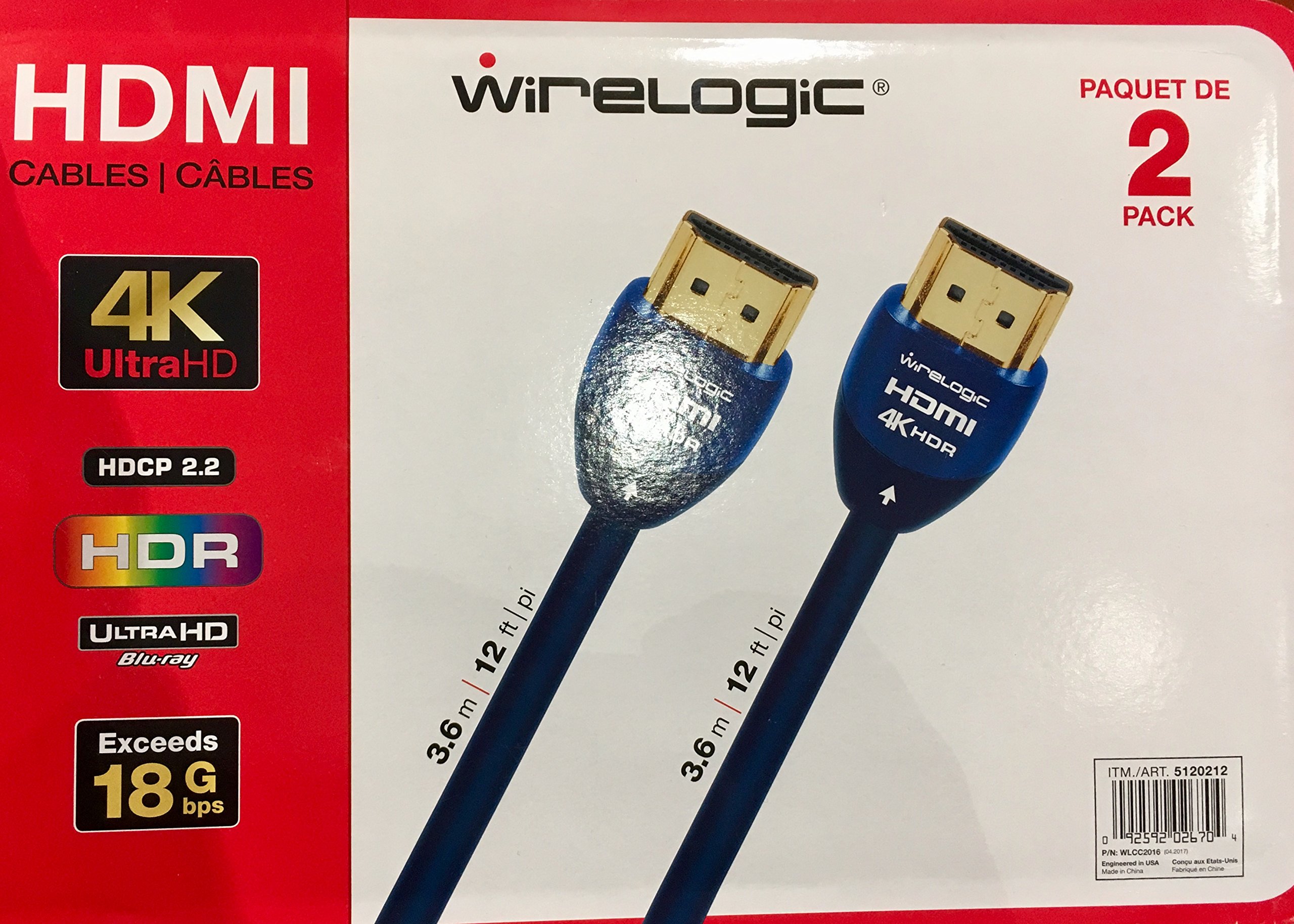 WireLogic 4K UltraHD Sapphire HDMI Cable 2 Pack 12 FEET Each