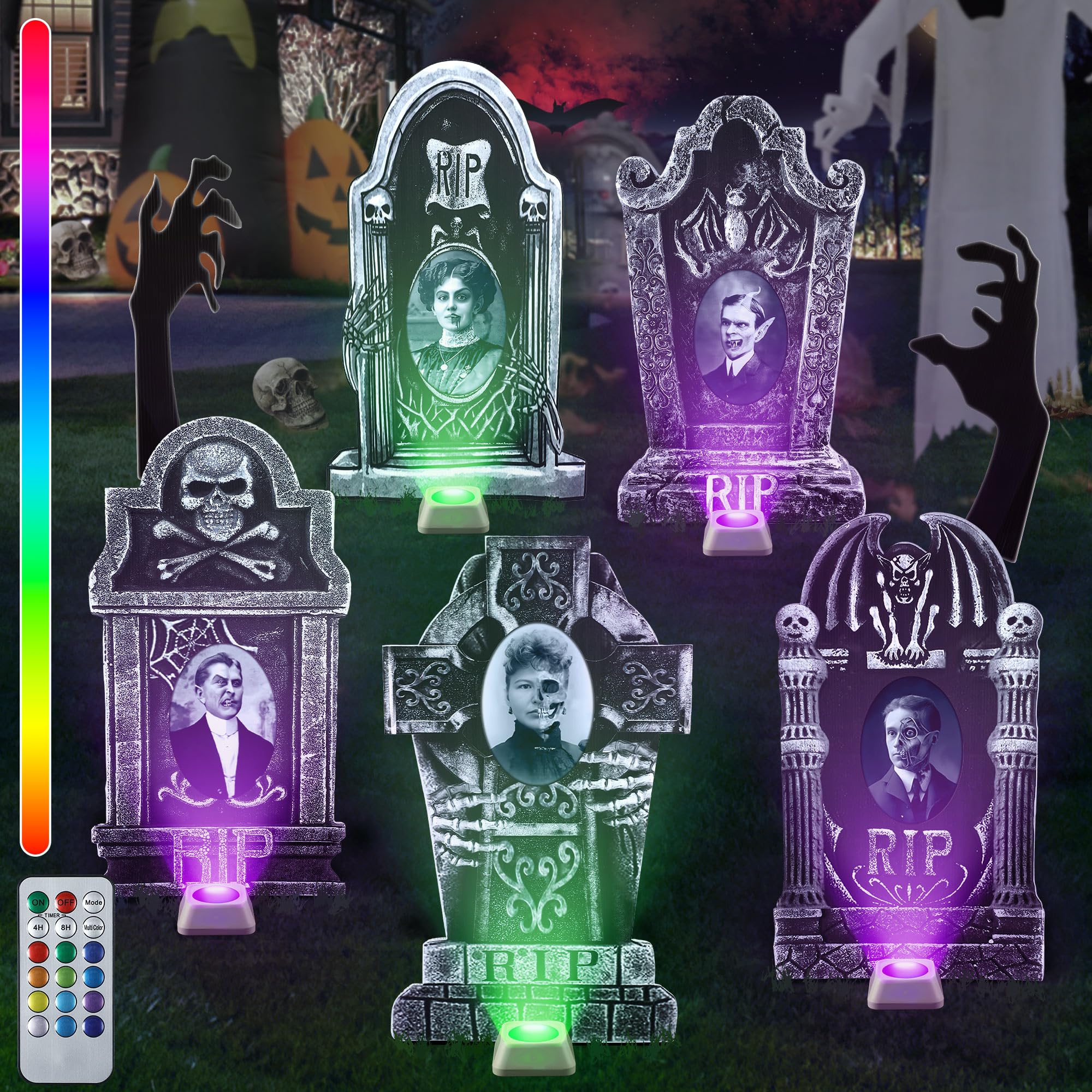 Photo 1 of ElectricWise 21.65 Inch 3D Changing Face Black Hands Halloween Yard Signs, 5 Set Lighted Tombstones Decorations Outdoor with 13 Colors for Grave Lawn Yard Haunted Decor