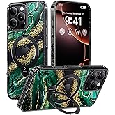 CASEKOO Emerald Marble Gold Stream 360° Spin Built-in Magnetic Stand for iPhone 16 Pro Max Case, Fit for MagSafe, 16FT Drop Protection, Dual Glitter Luxurious Design 16 ProMax Case, Green Gilt Marble