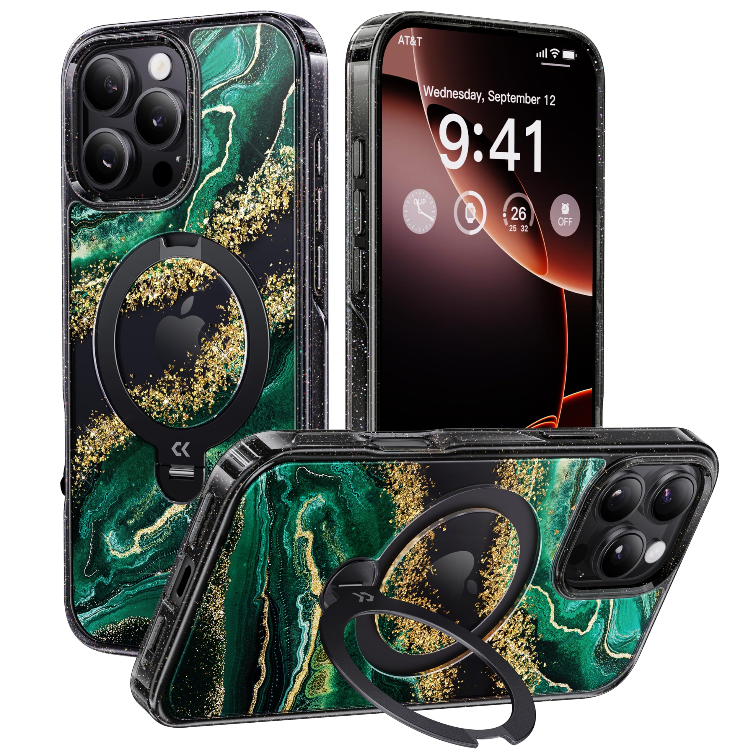 Photo 1 of CASEKOO Emerald Marble Gold Stream 360° Spin Built-in Magnetic Stand for iPhone 16 Pro Max Case, Fit for MagSafe, 16FT Drop Protection, Dual Glitter Luxurious Design 16 ProMax Case, Green Gilt Marble