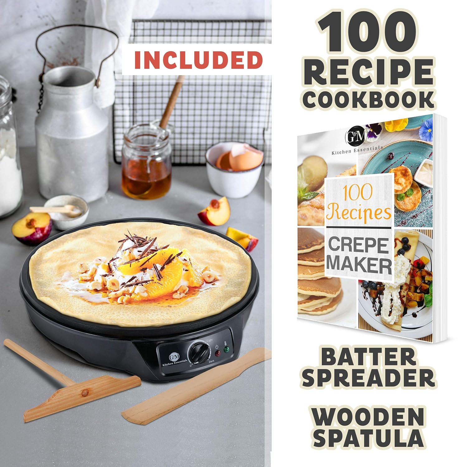 Amazon.com: Crepe Maker Machine Pancake Griddle - Nonstick 12" Electric  Griddle - Pancake Maker, Batter Spreader, Wooden Spatula - Crepe Pan for  Roti, ...