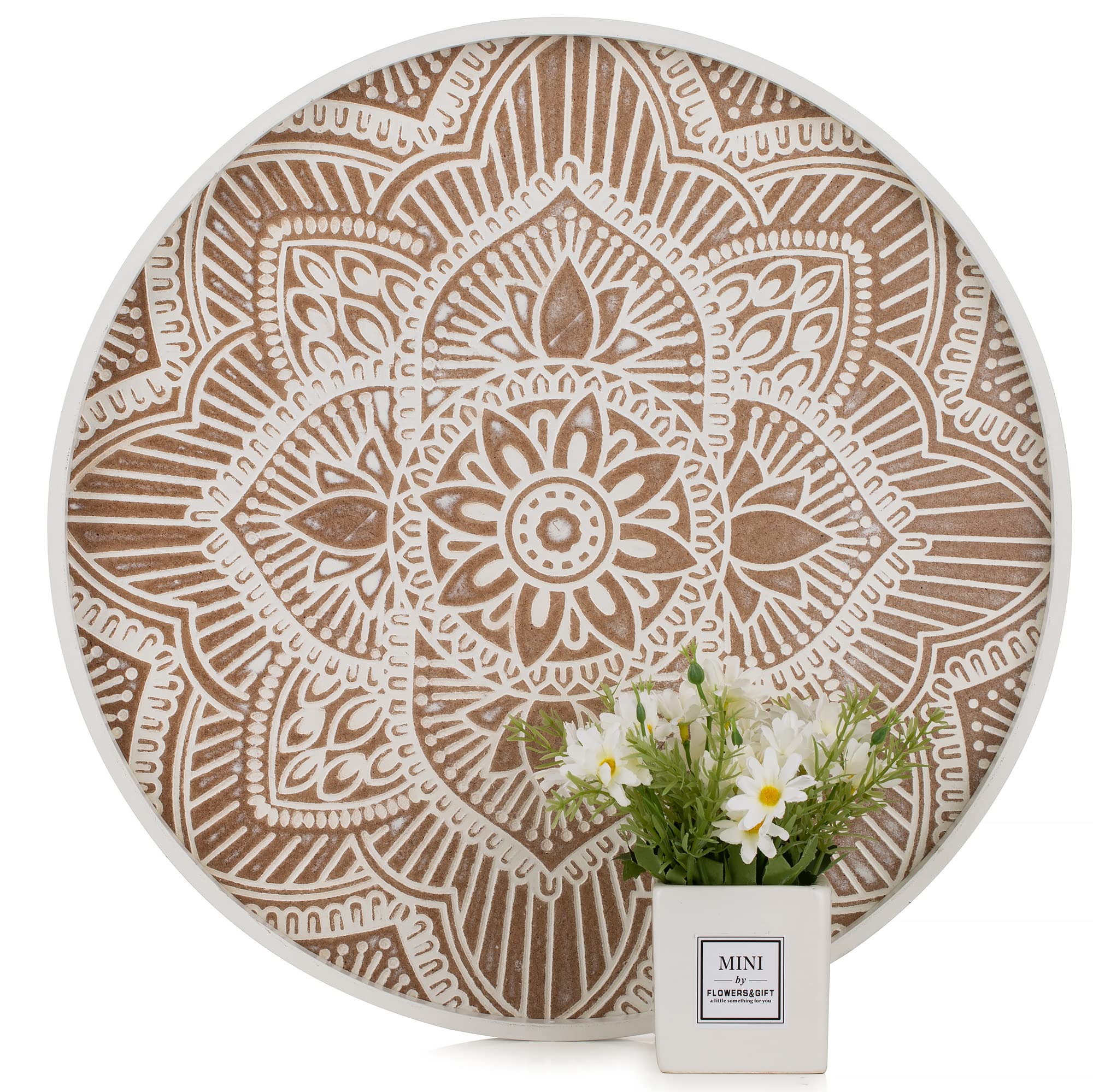 Hanobe Large Wood Decorative Tray: Boho Rustic Ottoman Tray Farmhouse Coffee Table Centerpiece Decor - Wooden Serving Round Tray for Kitchen Counter 45cm