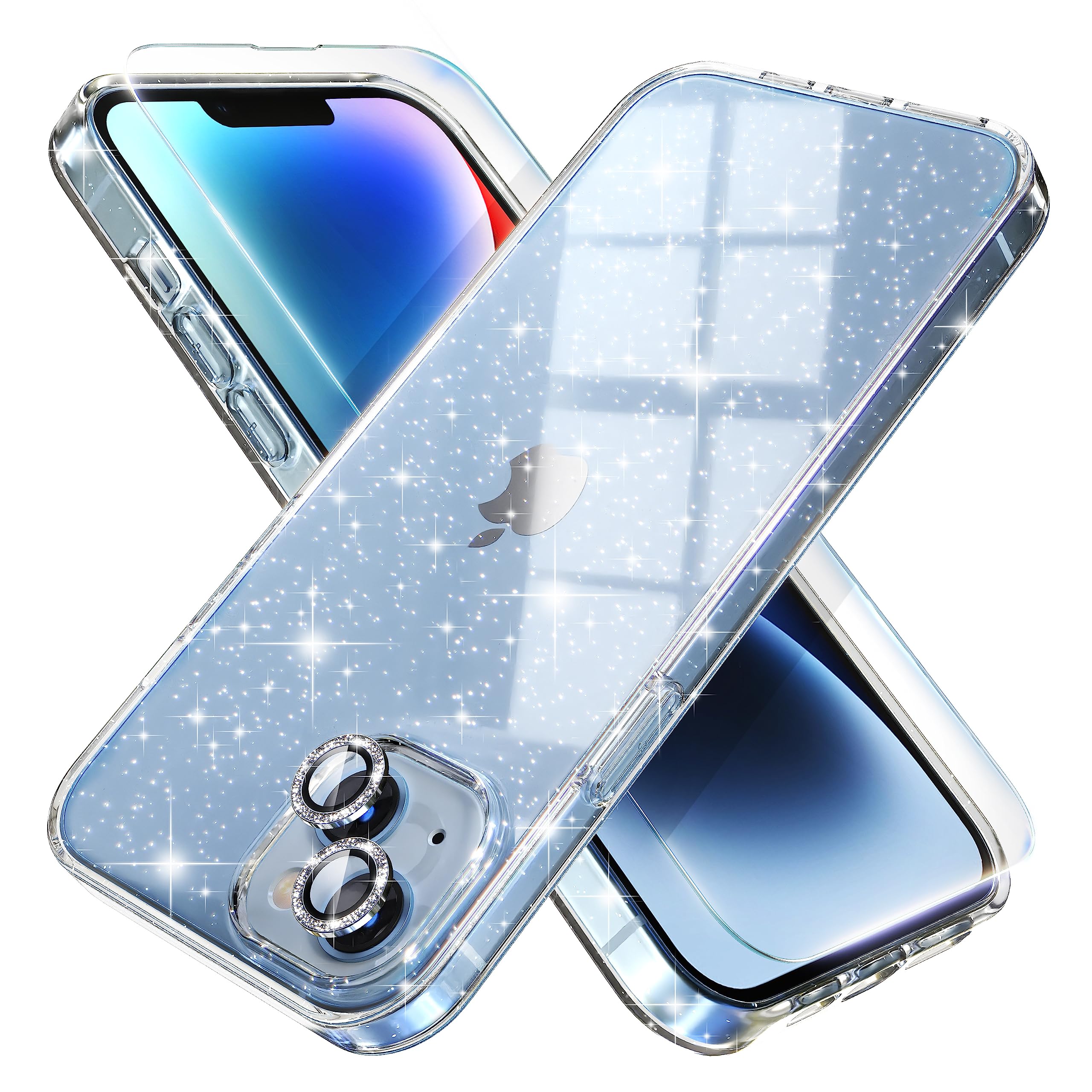 Photo 1 of Choiche Compatible for iPhone 14 Case Women Phone Case, Cute Bling Sparkly, Military Grade Drop Protection, 2 Diamond Camera Lens Covers, 2 Tempered Glass Protectors, 6.1 inch (Glitter Clear)
