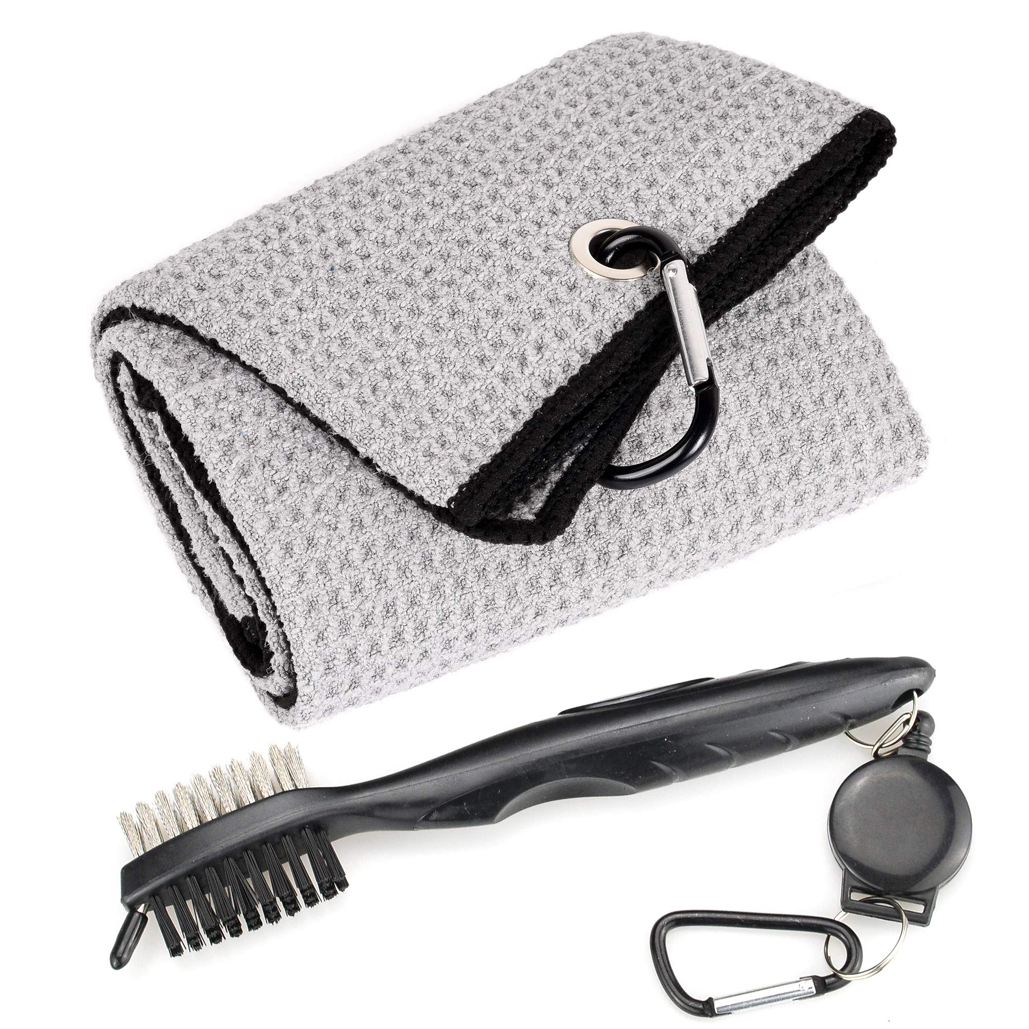 Mile High Life Microfiber Waffle Pattern Tri-fold Golf Towel | Brush Tool Kit with Club Groove Cleaner, Retractable Extension Cord and Clip (Gray Towel+Black Brush)