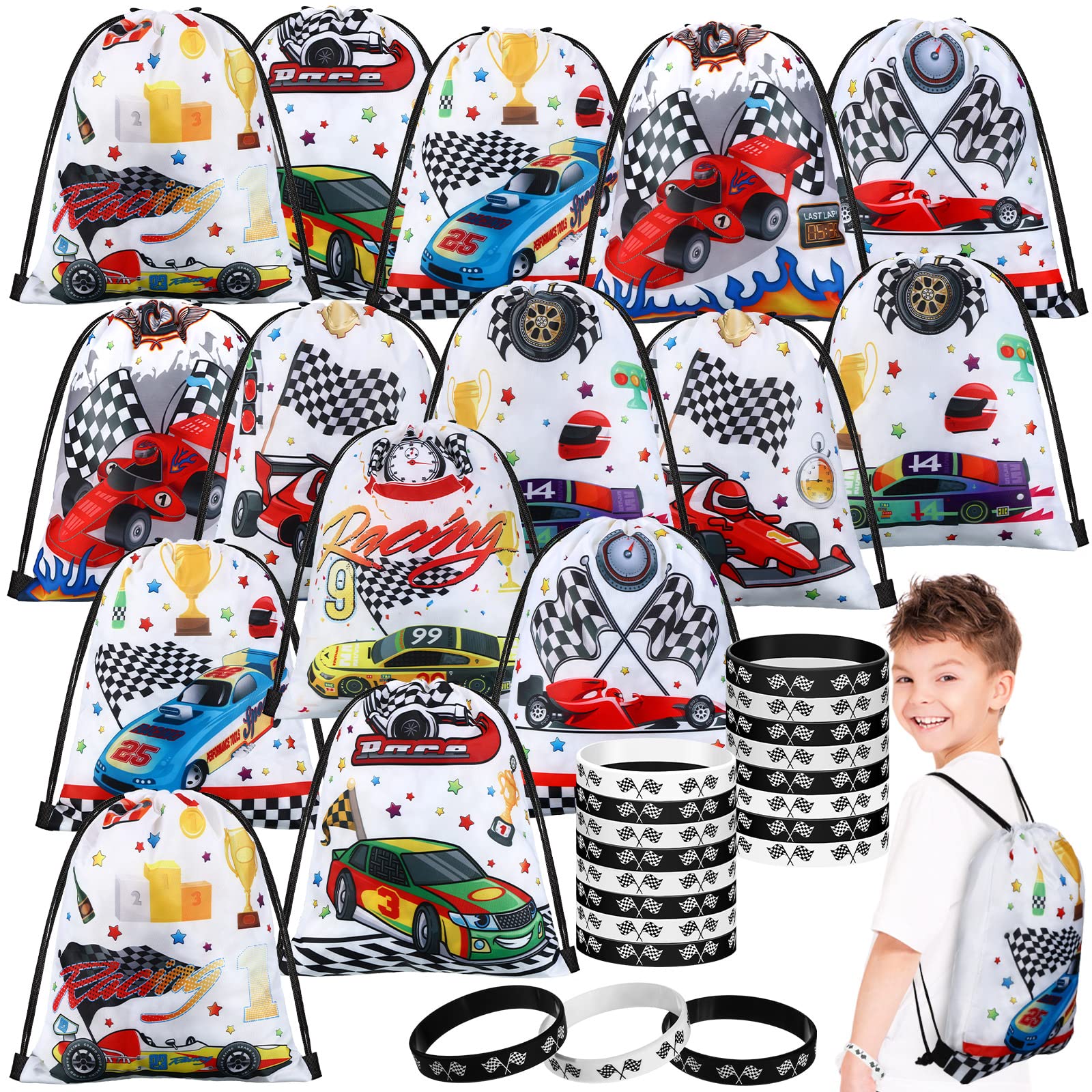 Photo 1 of Sadnyy 32 Pcs Race Car Party Favors Include 16 Racing Drawstring Bags and 16 Silicone Wristband, Checkered Flag Goodie Bags for Birthday Party Supplies