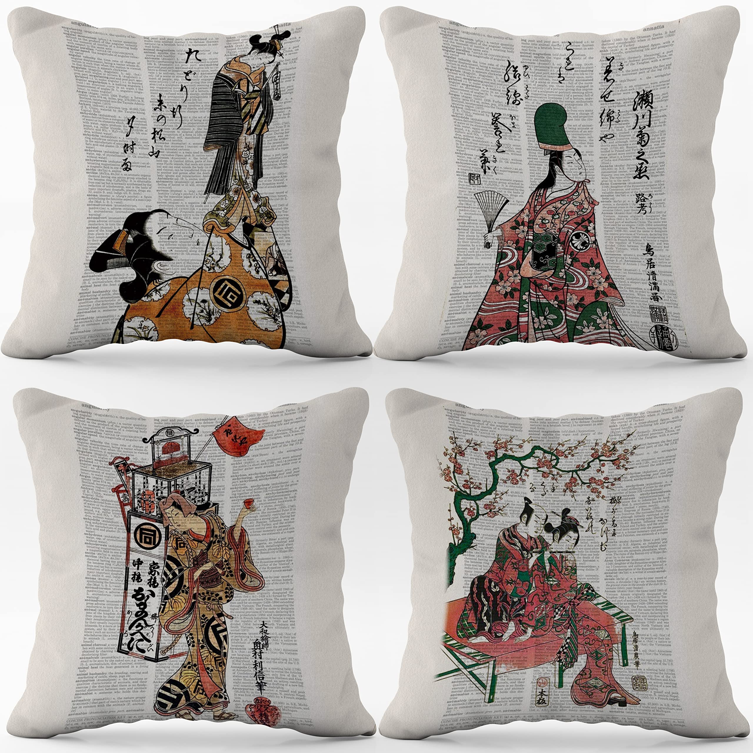 Photo 1 of (RB) Vintage Flannel Throw Pillow Case, 18 x 18 Inch Set of 4, Gift for Japanese Lover, Japanese Style Decor, Living Room Decor, Cushion Cover for Sofa Couch Bed