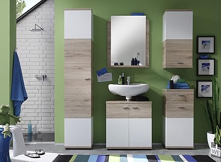 trendteam Badezimmer 5-teilige Set Kombination Campus, 173 x 189 x 35 cm in Weiß, Eiche San Remo (Nb.) mit viel Stauraum