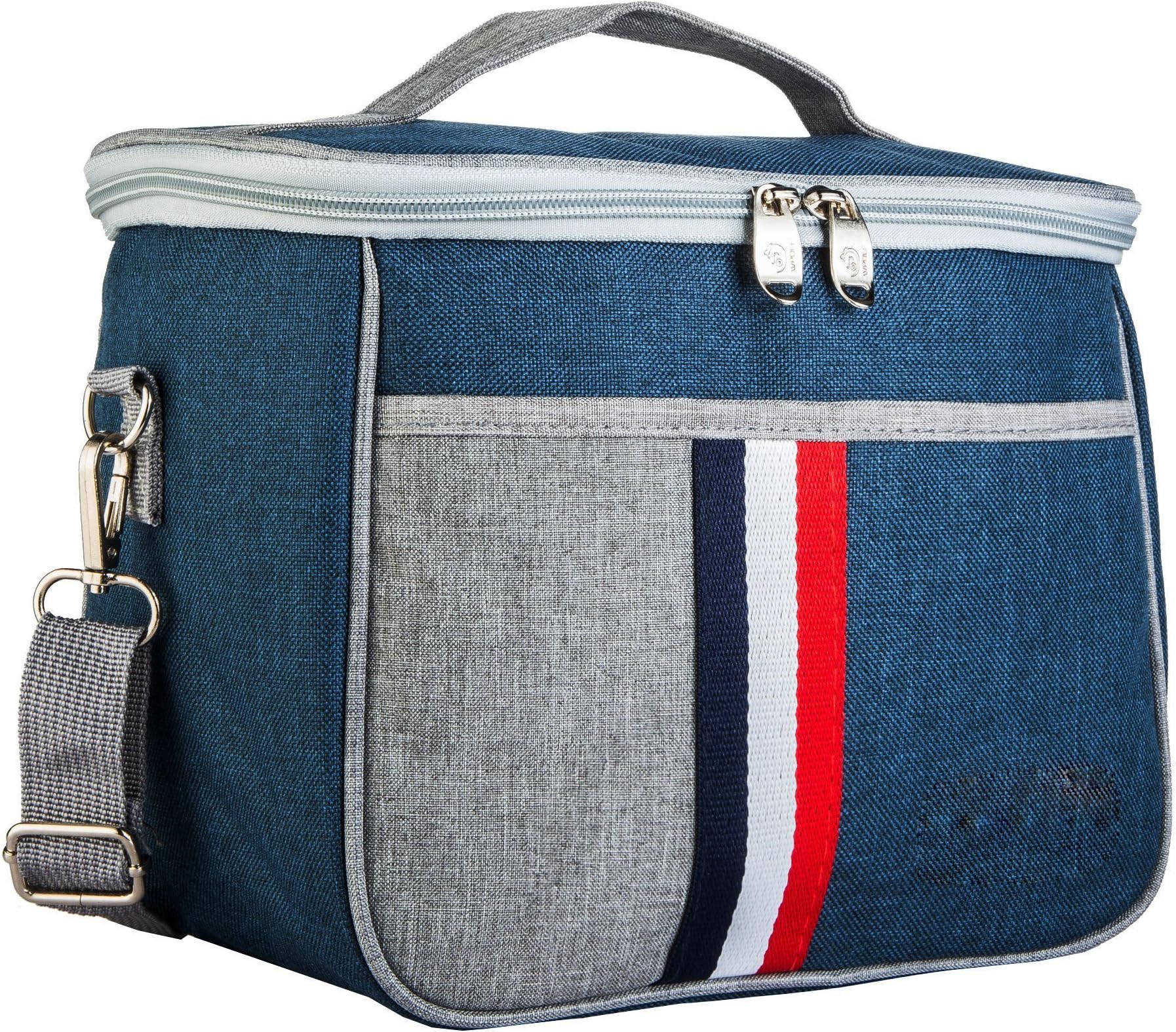 lunch bag Reusable Zip Closure Handbag, Back Pocket Insulated Cooler Ouo Lunch Box Tote Bag, 5.5L, Navy Blue and Gray