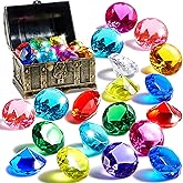 Sloosh Diving Gems Pool Toys, 16 Big Colorful Diamond with Pirate Treasure Chest, Swim Dive Toy for Kids Underwater Gemstone 