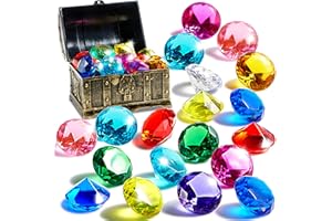 Sloosh Diving Gems Pool Toys, 16 Big Colorful Diamond with Pirate Treasure Chest, Swim Dive Toy for Kids Underwater Gemstone 