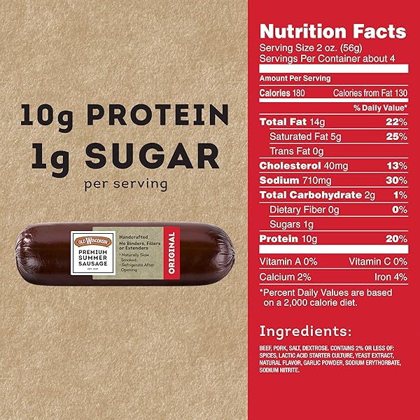 OLD WISCONSIN PREMIUM SUMMER SAUSAGE, 100% NATURAL MEAT, CHARCUTERIE, READY TO EAT, HIGH PROTEIN, LOW CARB, KETO, GLUTEN FREE, ORIGINAL FLAVOR, 8 OUNCE
