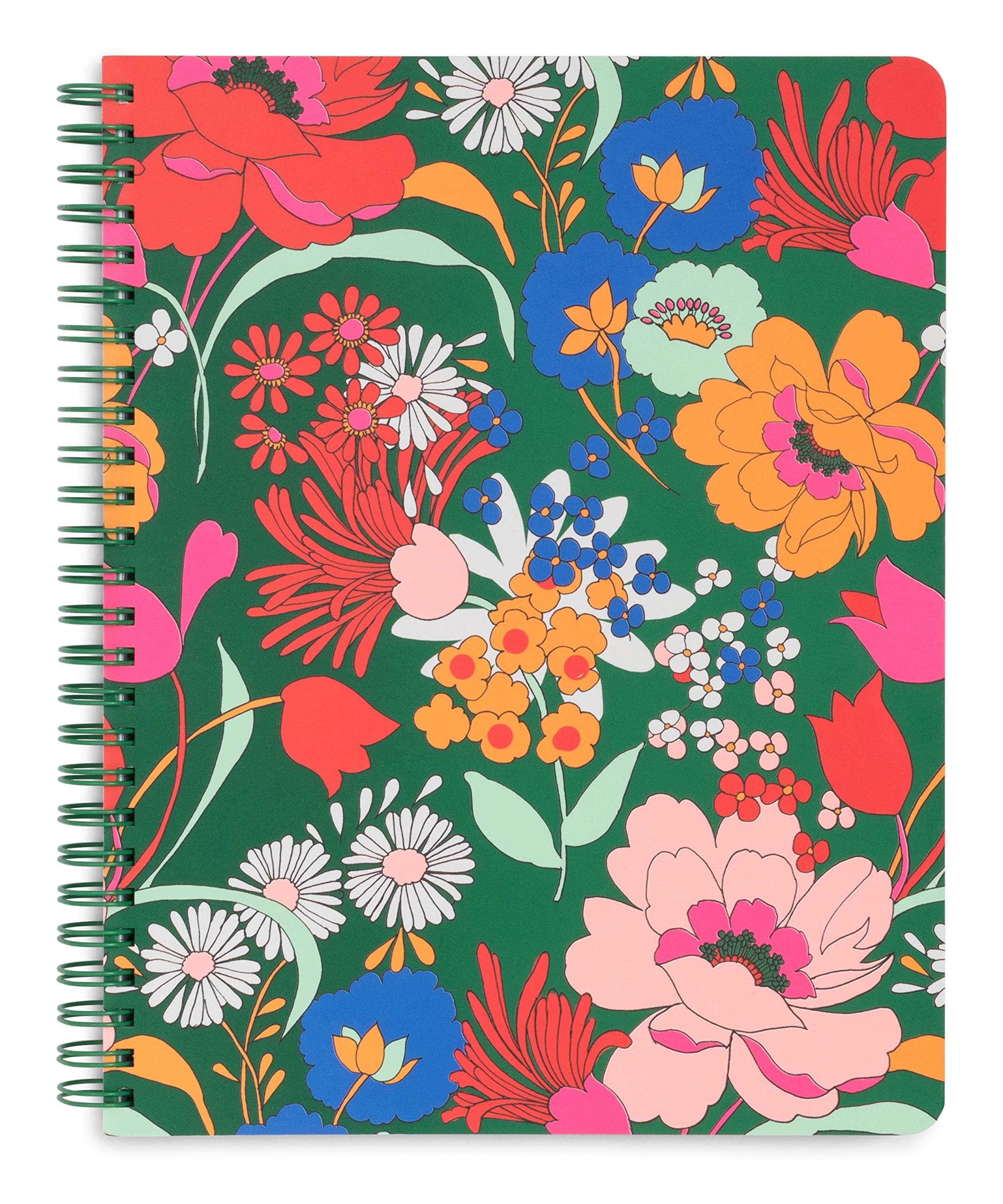 Ban.do Green Floral Rough Draft Mini Spiral Notebook, 9" x 7" with Pockets and 160 Lined Pages, Superbloom