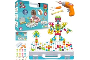 MOBIUS TOYS 249 PCS STEM Learning Toys – Electric Drill DIY Educational Set, Creative Engineering with Various Shapes and 5 Toy Tools – 2&3D Mosaic Construction Kit for Toddlers, Boys and Girl Ages 3 4 5 6 7 8 9