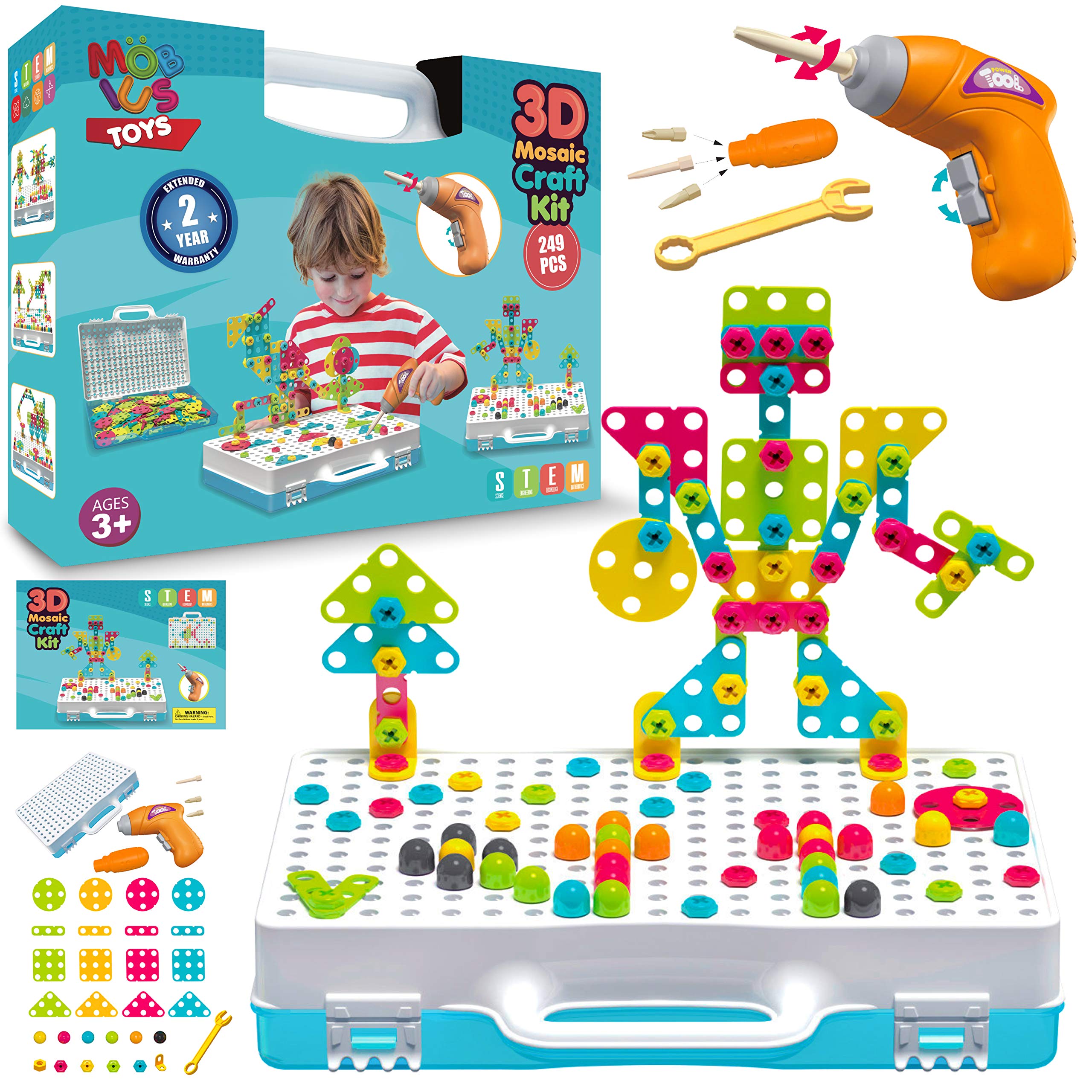 Mobius 249 PCS STEM Learning Toys – Electric Drill DIY Educational Set, Creative Engineering with Various Shapes and 5 Toy Tools – 2&3D Mosaic Construction Kit for Toddlers, Boys, and Girls Ages 3-9