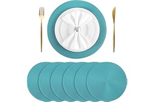 BAOFIN Round Placemats Set of 6, Woven Placemats for Dining Tables, Plastic Table Placemats 15 Inch, Aqua