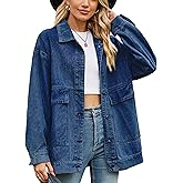 HangNiFang Aztec Denim Jacket Shacket for Women Button Down Vintage Distressed Blue Jean Jacket