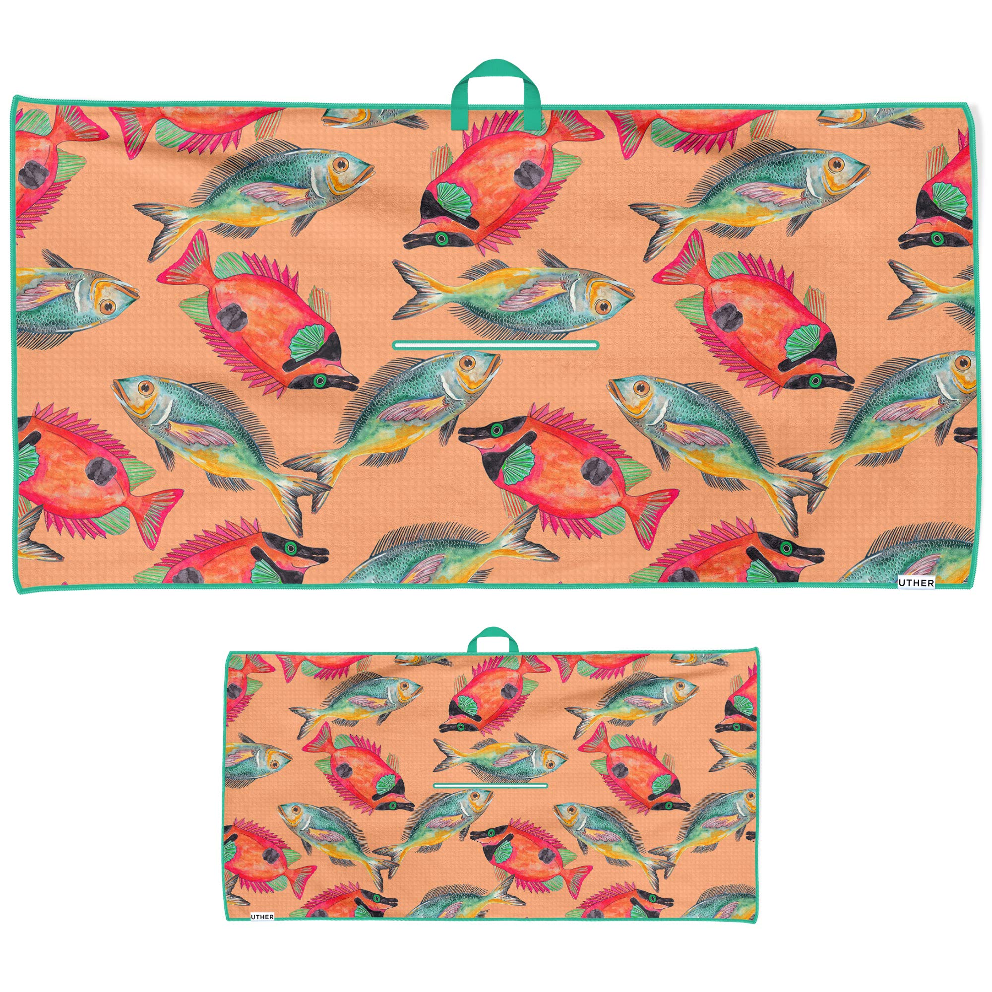 Uther Tour Golf Towel – Dual Hanging Premium Microfiber Towel, Golf Accessories – 20 Inch x 40 Inch, 20+ High Fashion Prints (Preppy Fish)