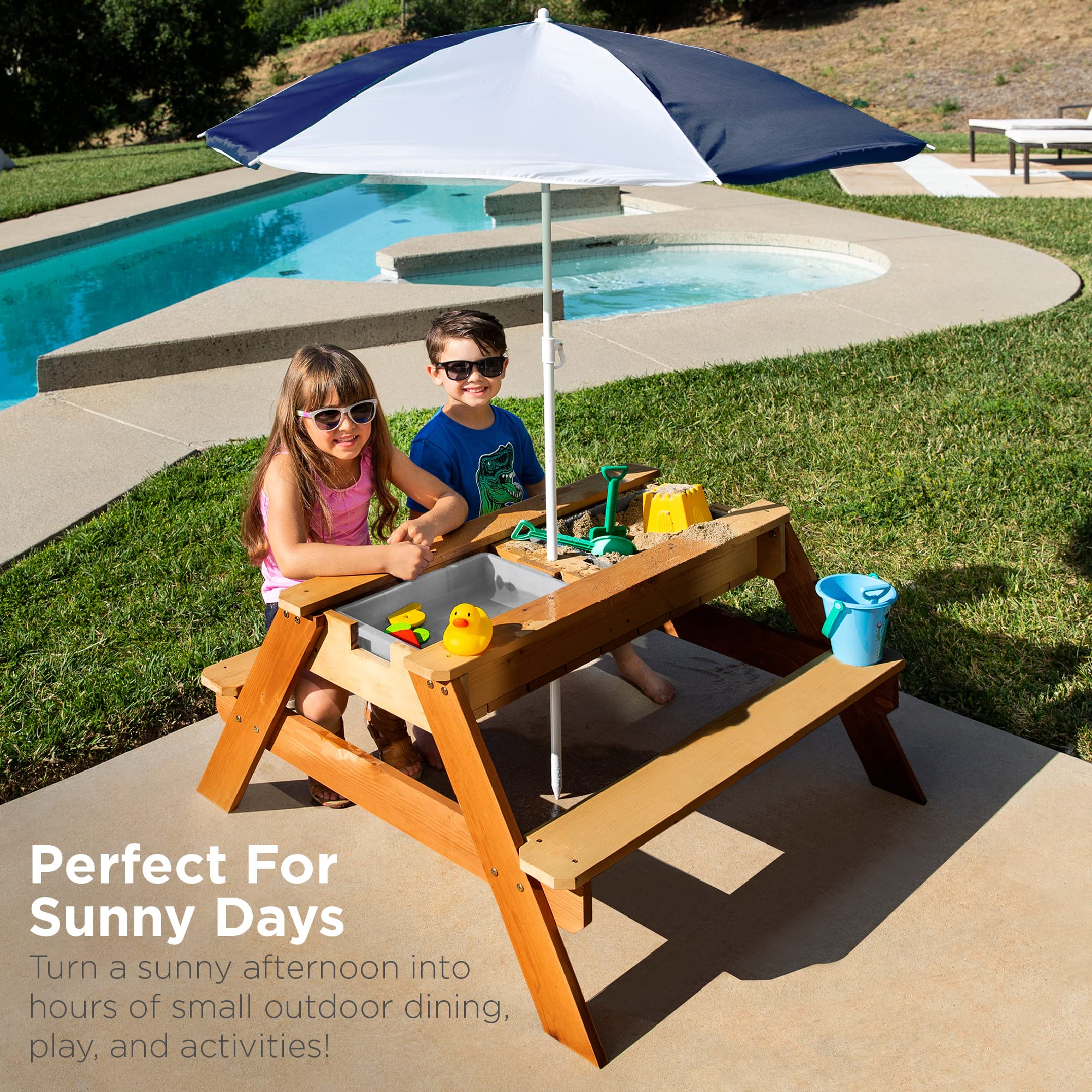 Best Choice Products Kids 3-in-1 Sand & Water Table, Wood Outdoor Convertible Picnic Table w/Umbrella, 2 Trays, Removable Top, 220lb Capacity Per Bench - Navy