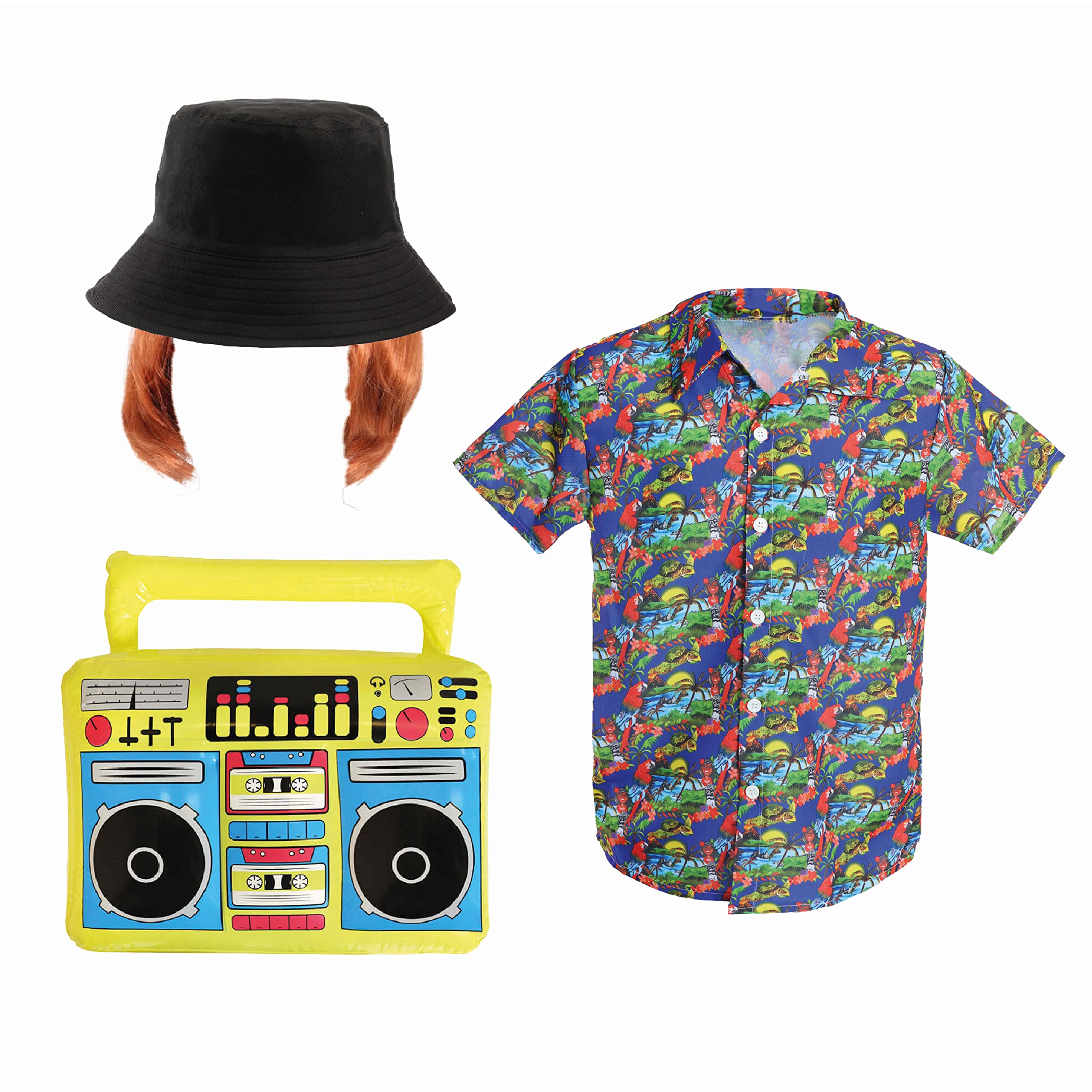 Adults Kevin Costume - Medium - Blue Hawaiian Shirt, Black Bucket Hat, Ginger Wig and Inflatable Boombox - Adults TV Film Fancy Dress Costume