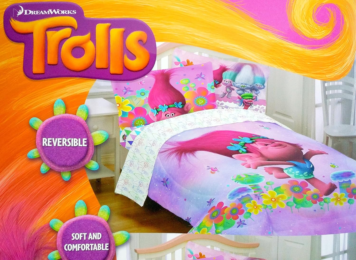 DreamWorks Trolls Twin Sized 4 Piece Bedding Set Reversible Comforter