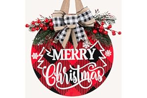 UIONML Christmas Door Sign for Front Door, 12 Inch Merry Christmas Welcome Hanging Wreath Decor with Bow, Rustic Farmhouse Holiday Hanger for Porch, Wall, Indoor Outdoor (Christmas Door Sign-D)