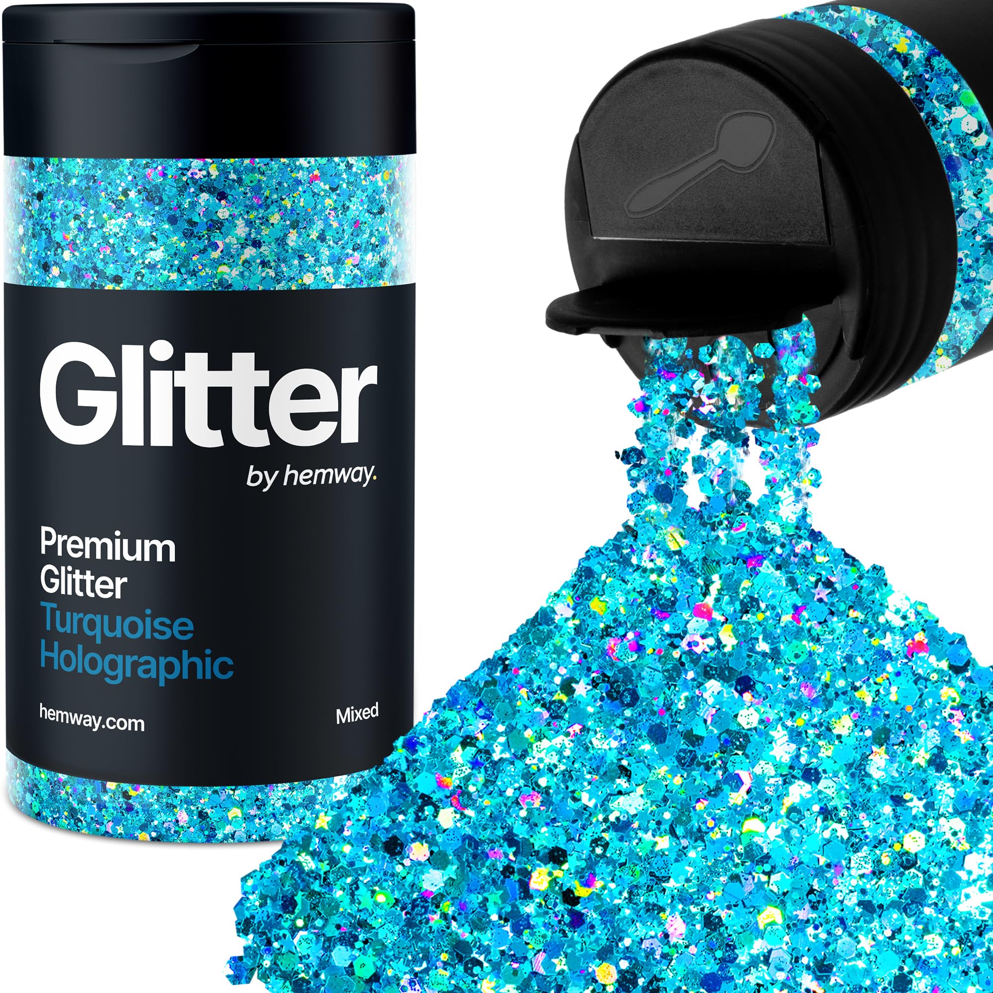 Hemway Turquoise Blue Holographic Mix Glitter Shaker, 105g Mixed Size Glitter for Crafts Metallic Flake Sequins for Resin & Epoxy Crafts for Decorating, Halloween, Christmas, Nail, Face, Art
