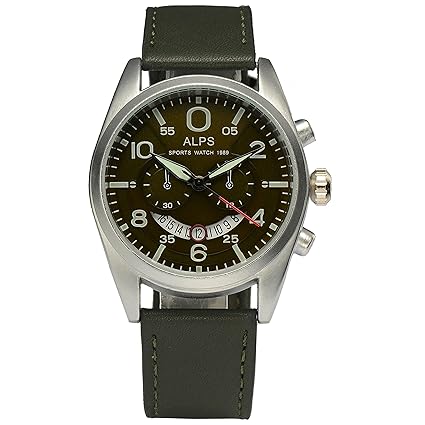 ALPS Mens Watch Analog Display Chronograph Quartz Watch with Green Leather Band