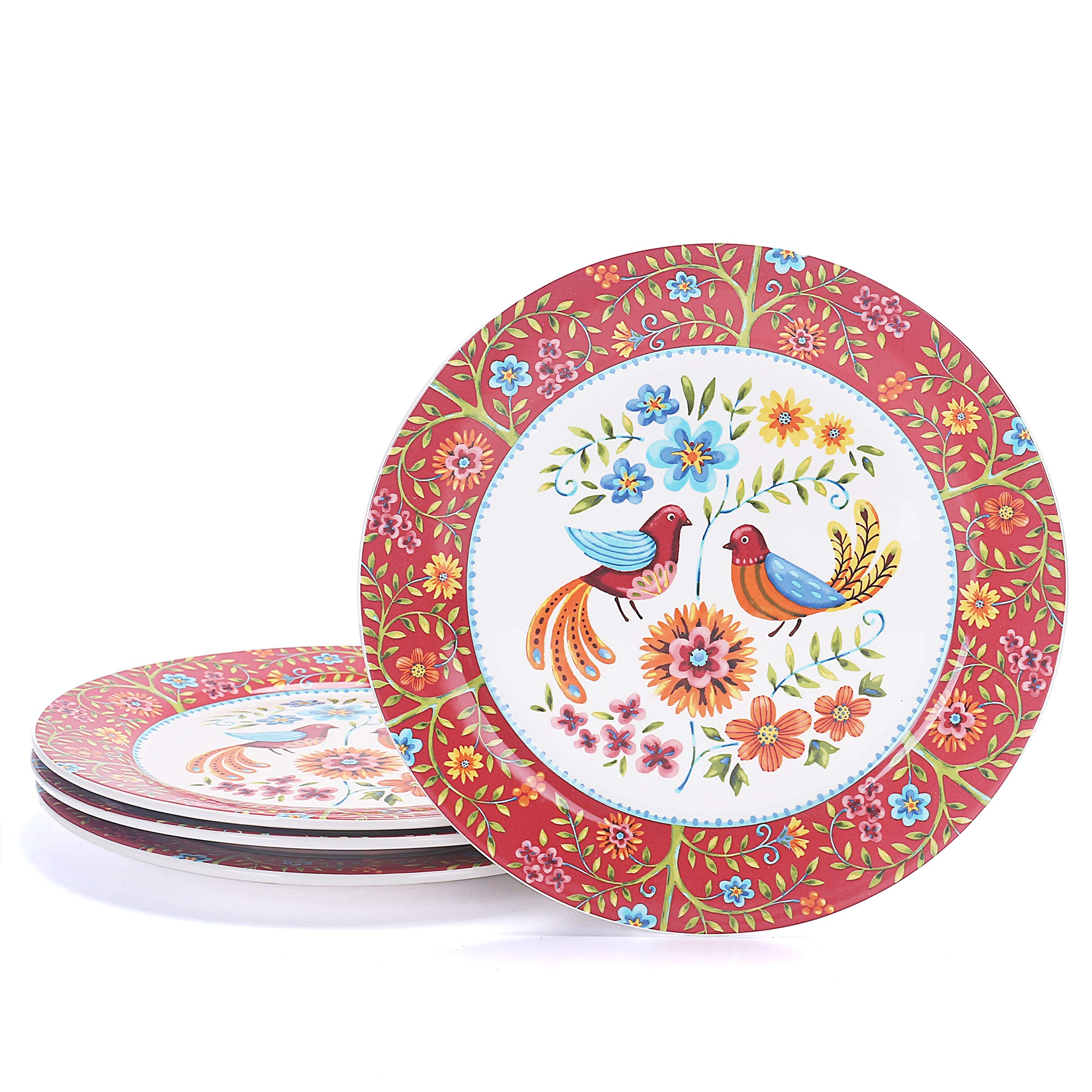 Bico Red Spring Bird Ceramic 27.6 cm Dinner Plates Set of 4, for Pasta, Salad, Maincourse, Microwave & Dishwasher Safe