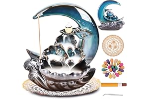 Zvaiuk New Moon Backflow Incense Holder, Ceramic Hand-Made Incense Fountain Burner with 100 Backflow Incense Cones，Fragrance Incense Stick，Mat，Aromatherapy Home Decoration
