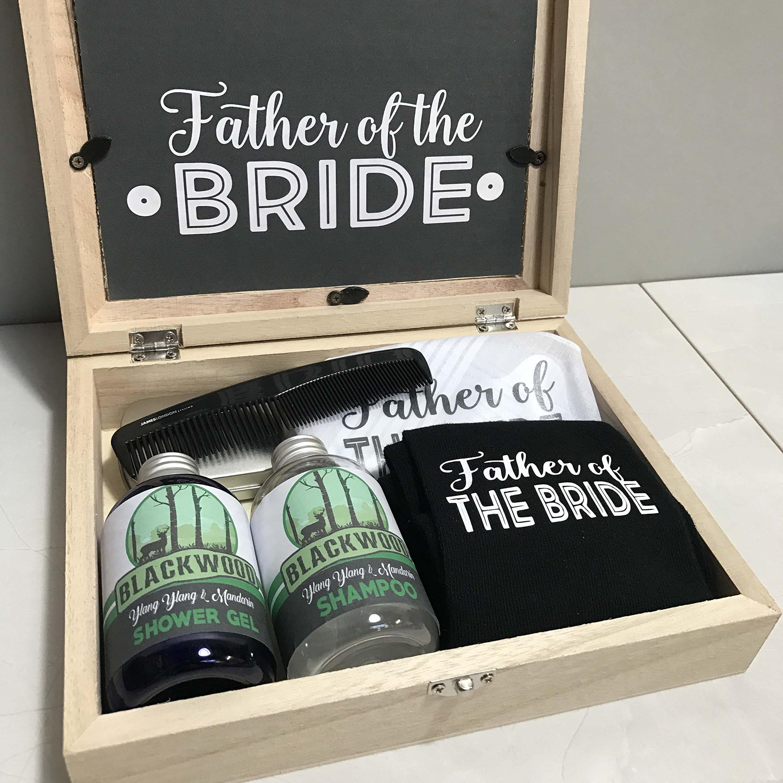 Father of the Bride Wooden Gift Box Filled with Socks, Hanky, Shower Gel, Shampoo, Mints, Pocket Comb Wedding Morning Gift Set