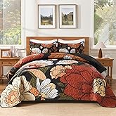 Andency Floral Boho Quilt King Size Bedding Set Black, 3 Pieces Farmhouse Flower Botanical Summer Bedspreads with 2 Shams, Soft Reversible Lightweight Microfiber Coverlet Set for All Season, 106"x96"