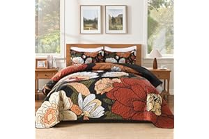 Andency Floral Boho Quilt King Size Bedding Set Black, 3 Pieces Farmhouse Flower Botanical Summer Bedspreads with 2 Shams, Soft Reversible Lightweight Microfiber Coverlet Set for All Season, 106"x96"