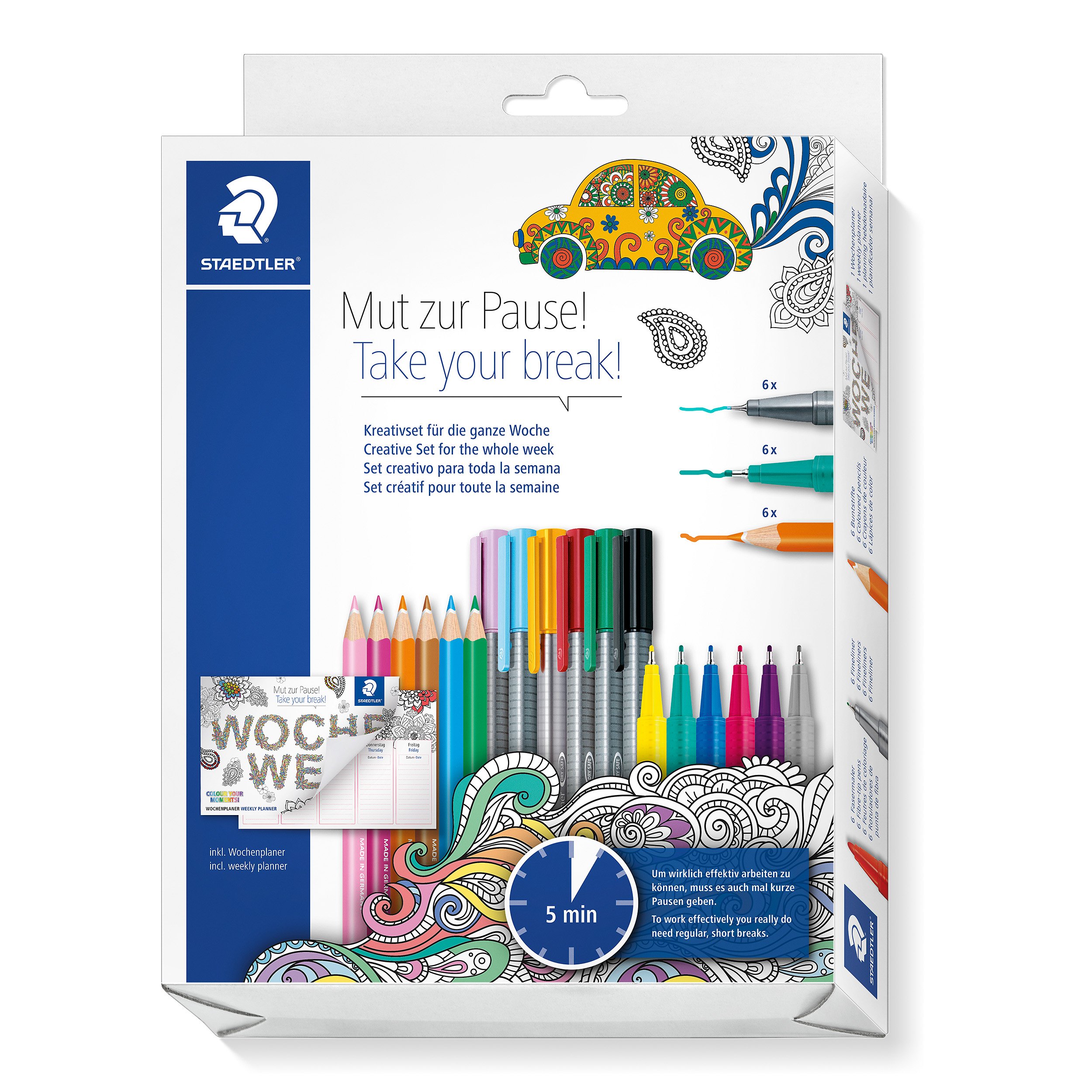 STAEDTLER 61 KP3 MZP Creative Set Mute zum Pause (Ergonomic Triangular Shaft) Cardboard Case with Coloured Pencils, Fineliners and Broadliners Including Weekly Planner with 53 Calendar Sheets