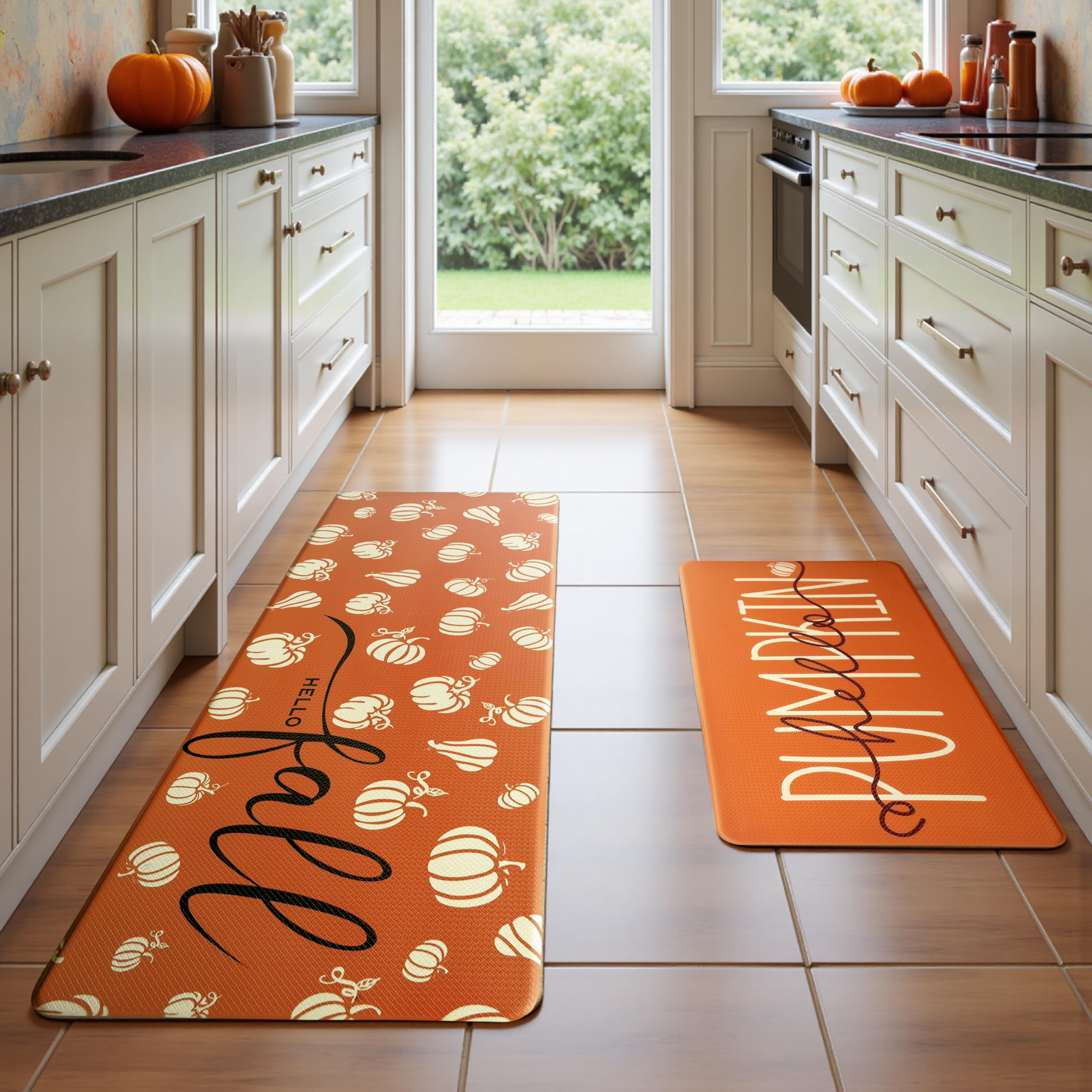 VivaNest Fall Autumn Pumpkin Orange Kitchen Rug Sets [2 PCs], Anti ...