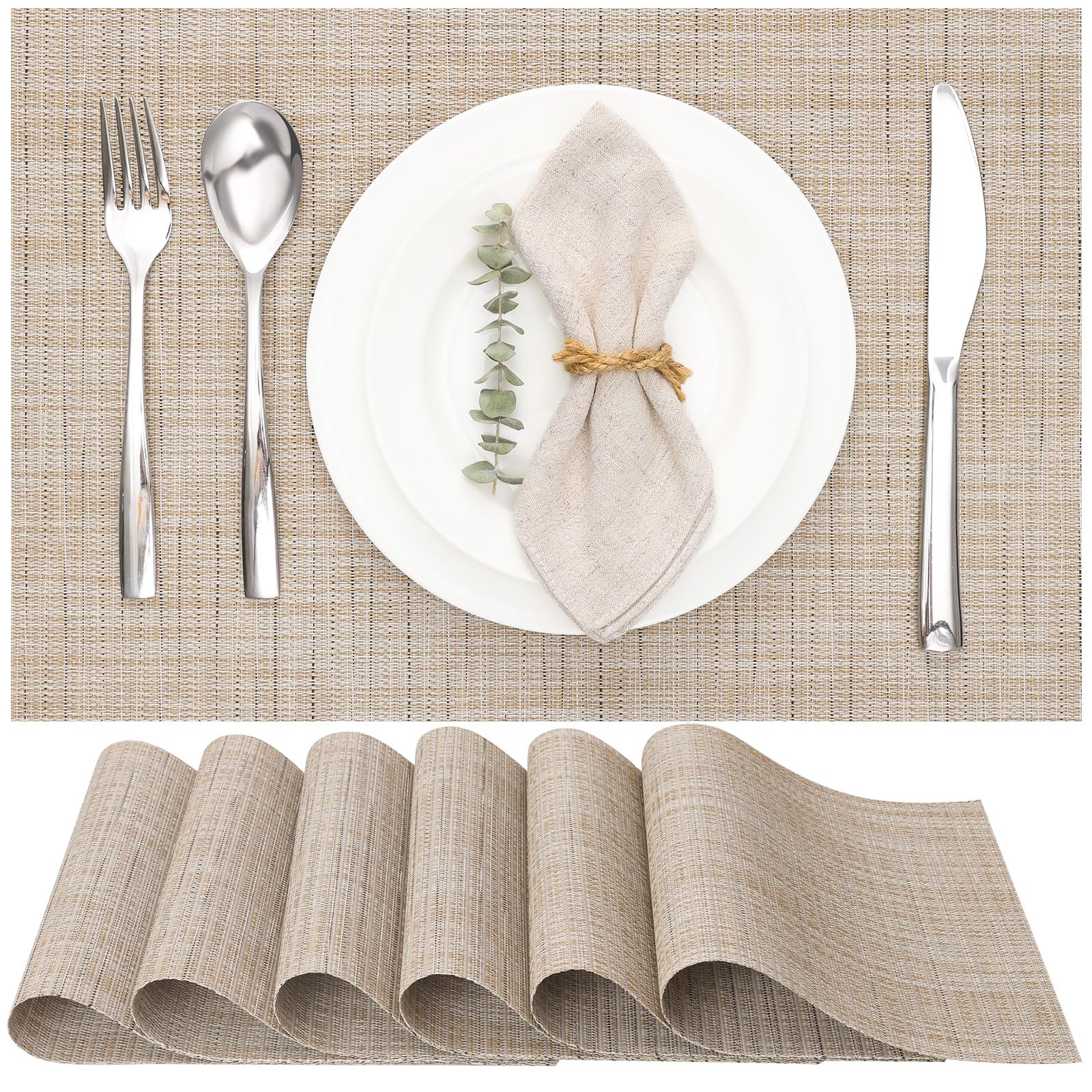 Myir JUN Table Mats Set of 6, Place Mats Table Placemats Washable Non-slip Heat Insulation Woven Vinyl for Kitchen Dinning Restaurant 17"X12" (Light Yellow)