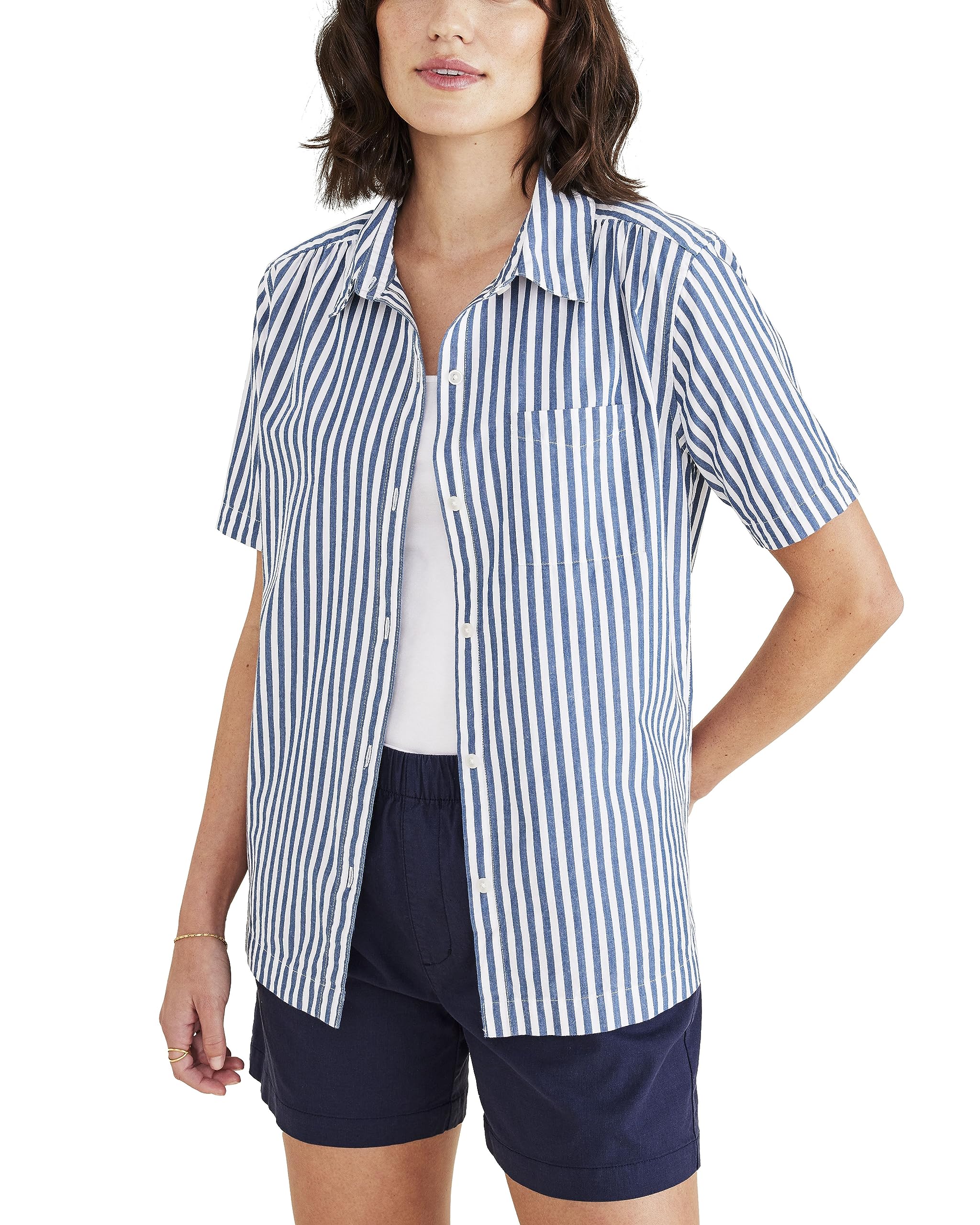 Dockers Women’s Regular Fit Short Sleeve Button Down Shirt, Oceanview Blue-Carpinteria Stripe (Poplin), Small