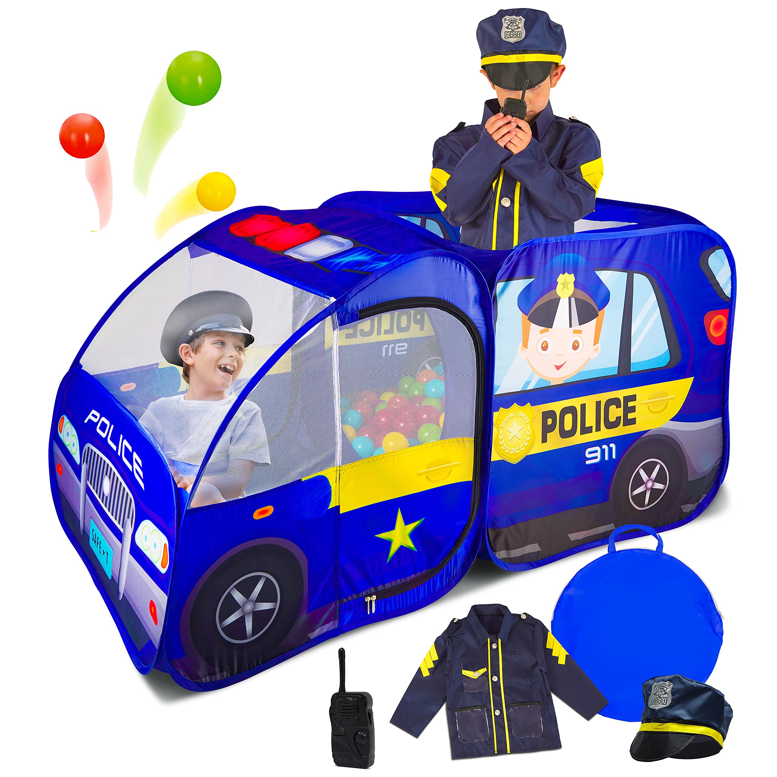 Photo 1 of Police Car Pop Up Play Tent with Sound Button and Policeman Officer Costume for Kids, Toddlers, Boys, Girls, Indoors & Outdoors – Playhouse for Interactive Fun - Foldable, Quick Setup Pretend Play