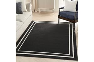 Nourison Home Essentials Indoor/Outdoor Solid Bordered Black Ivory 4' x 6' Area Rug, Easy Cleaning, Non Shedding, Bed Room, Living Room, Dining Room, Backyard, Deck, Patio (4x6)