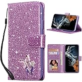 UEEBAI Wallet Case for Samsung Galaxy S25 Ultra 5G, Glitter PU Leather Phone Case Card Slots Kickstand Case Magnetic Closure Bling Flip Case Shockproof Hand Strap Flip Cover - Glitter Purple