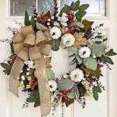 EKIRD 24 Inch Neutral Fall Wreath for Front Door with White Pumpkins & Bow | Farmhouse Autumn Wreath Outdoor, Orange Berries,