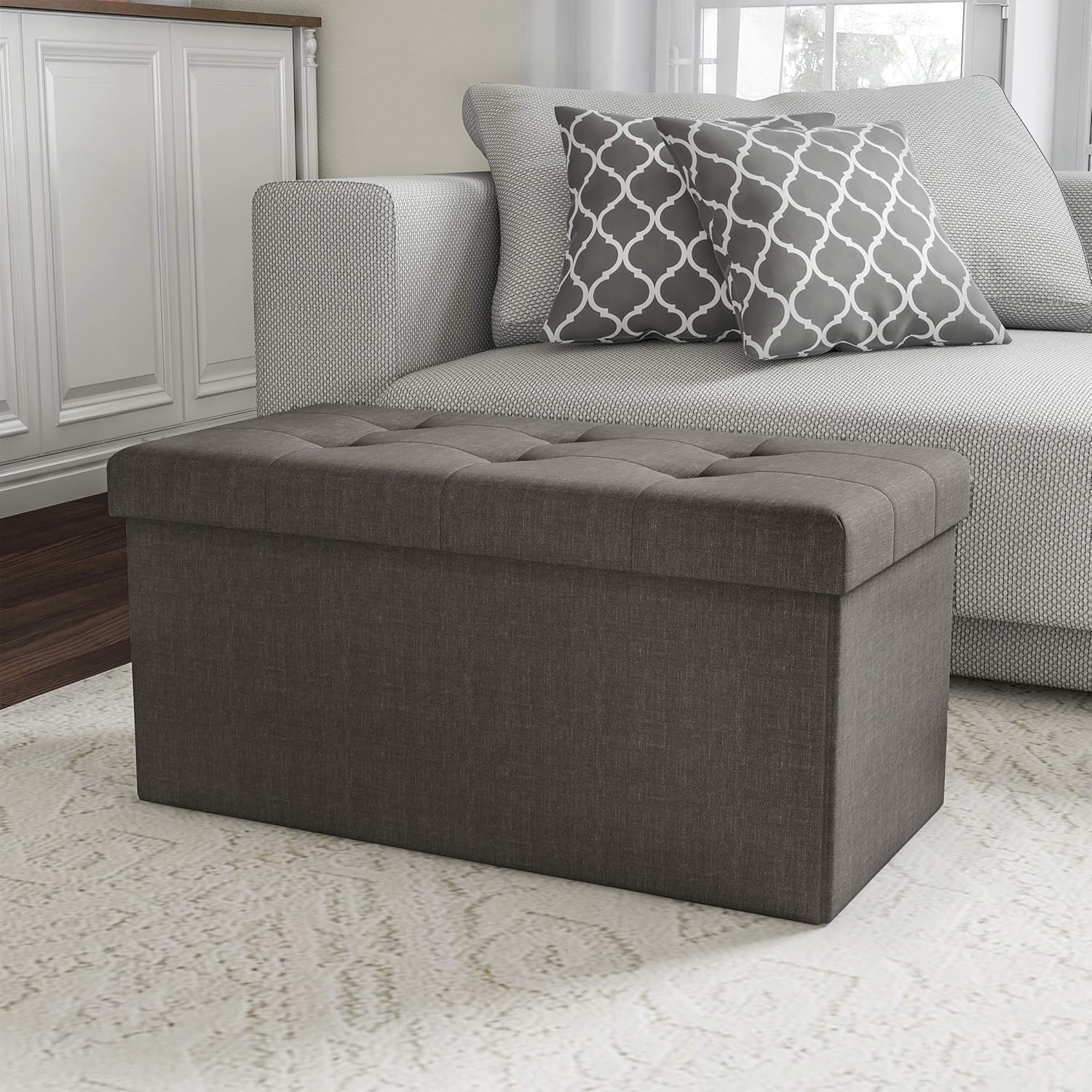 Lavish Home Large Folding Storage Bench Ottoman – Tufted Cube Organizer Furniture with Removeable Bin for Home, Bedroom, Living Room (Grey),: Kitchen & Dining
