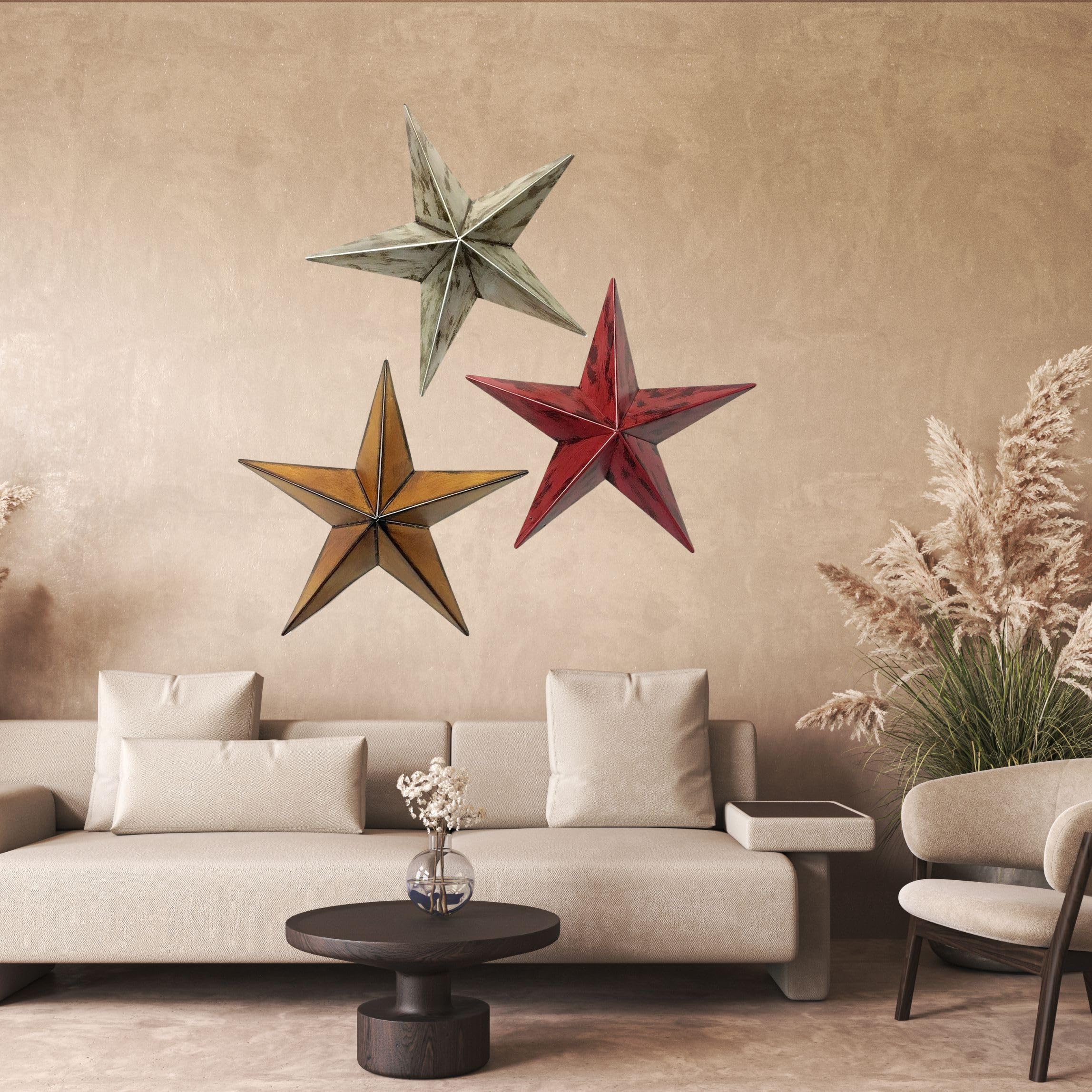 Bellaa 22052 Western Star Metal Wall Art Texas Barn 3D Sculpture Vintage Retro Rustic Farmhouse Cottage Yard Lodge Boho Design Living Room Home Decor Set 3 Celtic Outdoor Patio Garden Ornaments