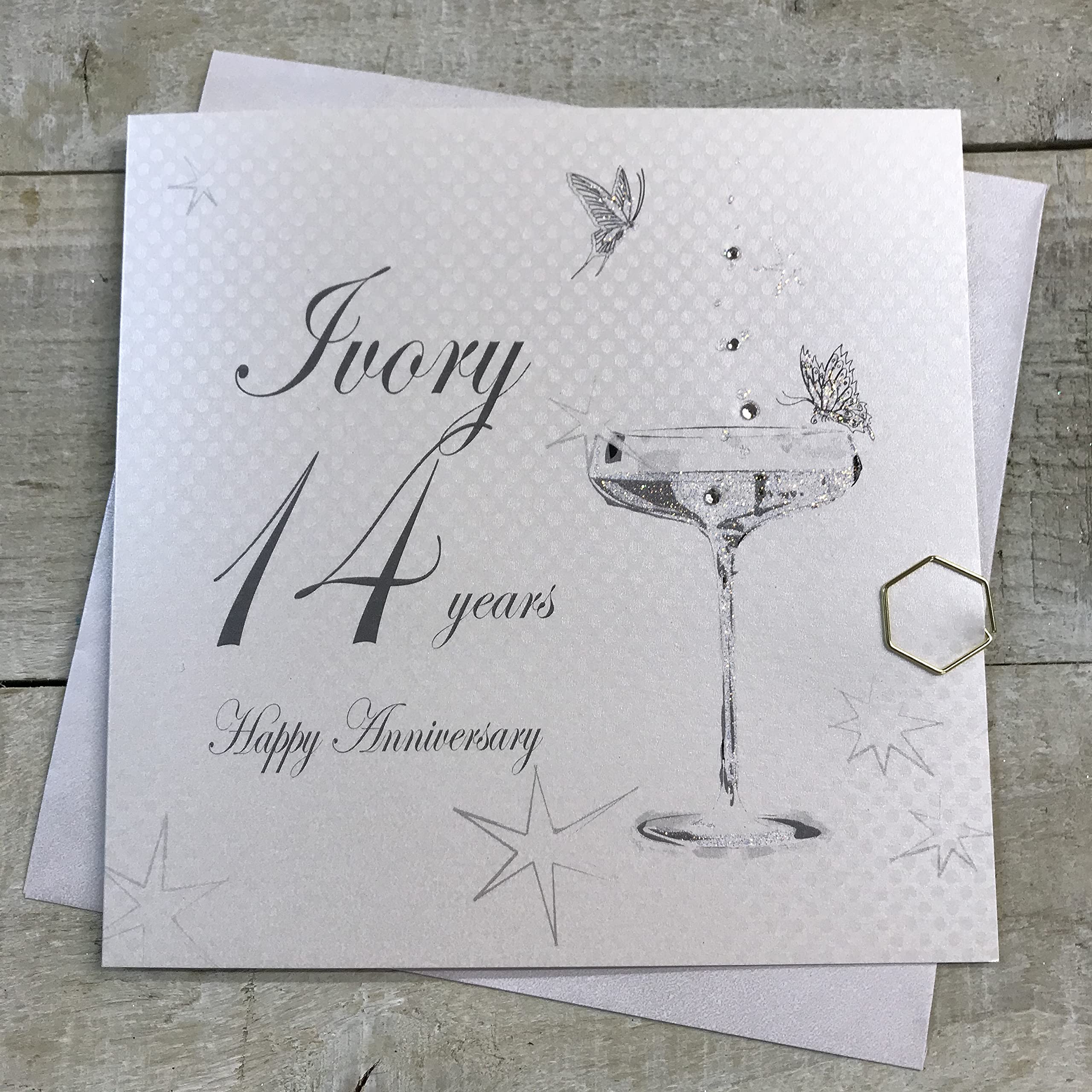 White Cotton Cards BD114C Coupe Glass "Happy Anniversary 'Ivory' 14 Years" Handmade Anniversary Card, White
