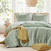 Comfort Spaces Comforter for Queen Size Bed, Geometric Diamond Tufted Boho Comforter Set Queen, All Season Lightweight Bedding Set, Matching Sham, Full/Queen Sage Green 3 Piece
