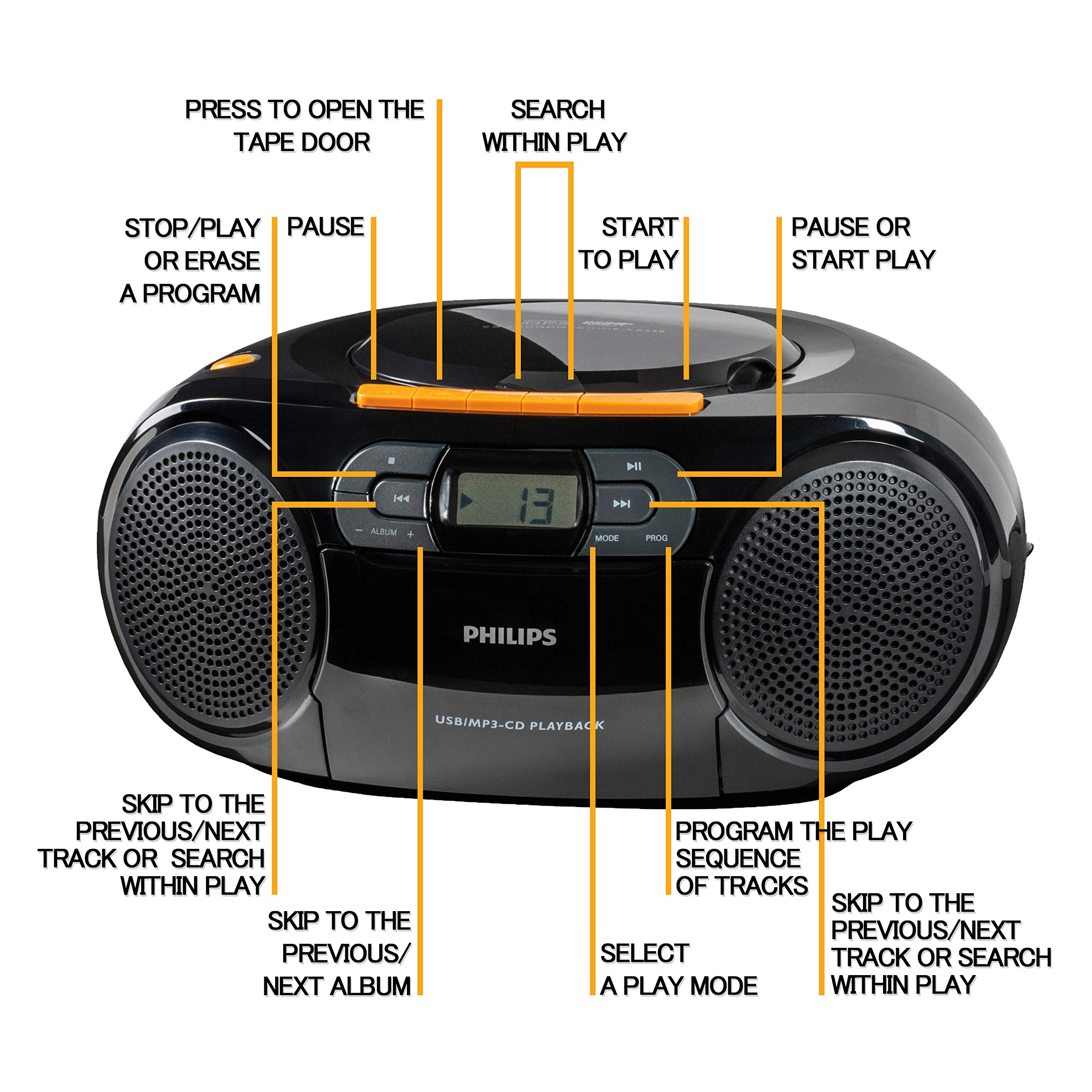PHILIPS Portable CD Player Boombox - Portable MP3 Player and Cassette Tape Player, Boom Box Compact Stereo Sound System with Dynamic Bass Boost, Take Your Music Outside with USB HiFi Music Player